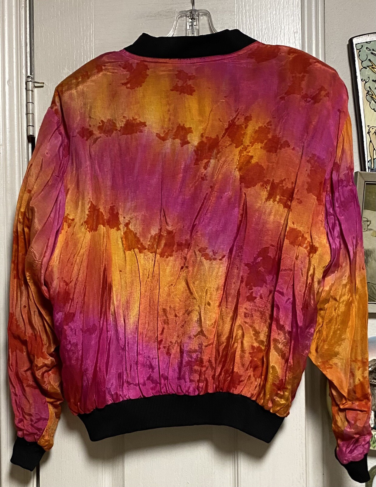 Vintage RIDE Rayon/Cotton Fuchsia Orange & Black Bomber Jacket W/Shoulder Pads