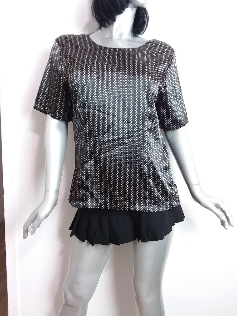 Christie & Jill Size 10 Blouse Black/Tan Polka Dots Short Sleeve Disco Vintage