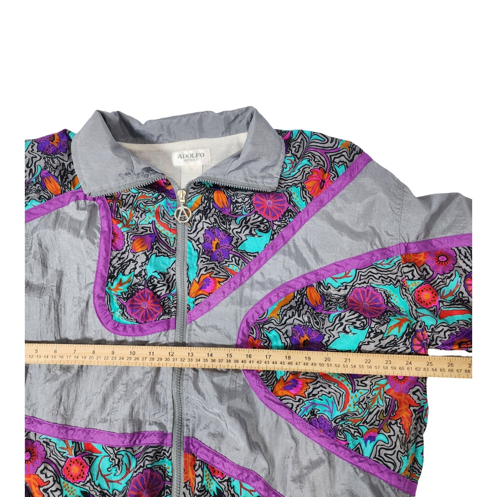 Adolfo Sport Vintage 90s Retro Windbreaker Jacket Silver Floral Abstract Zip M