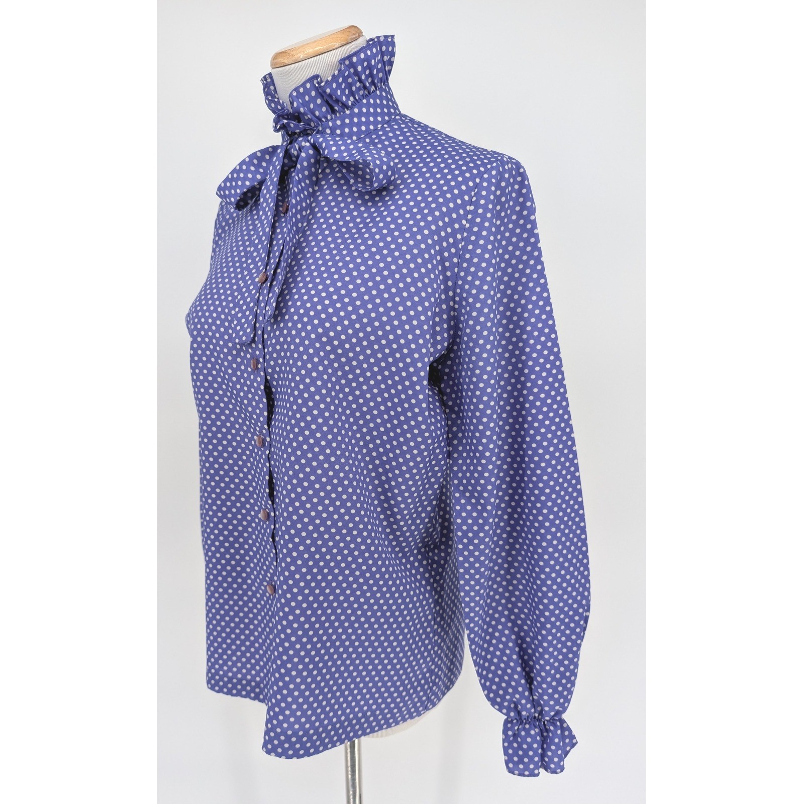 Rhoda Lee Polka Dot Blouse Womens 12 Blue Vintage Ruffle Neck Tie Coquette 70s