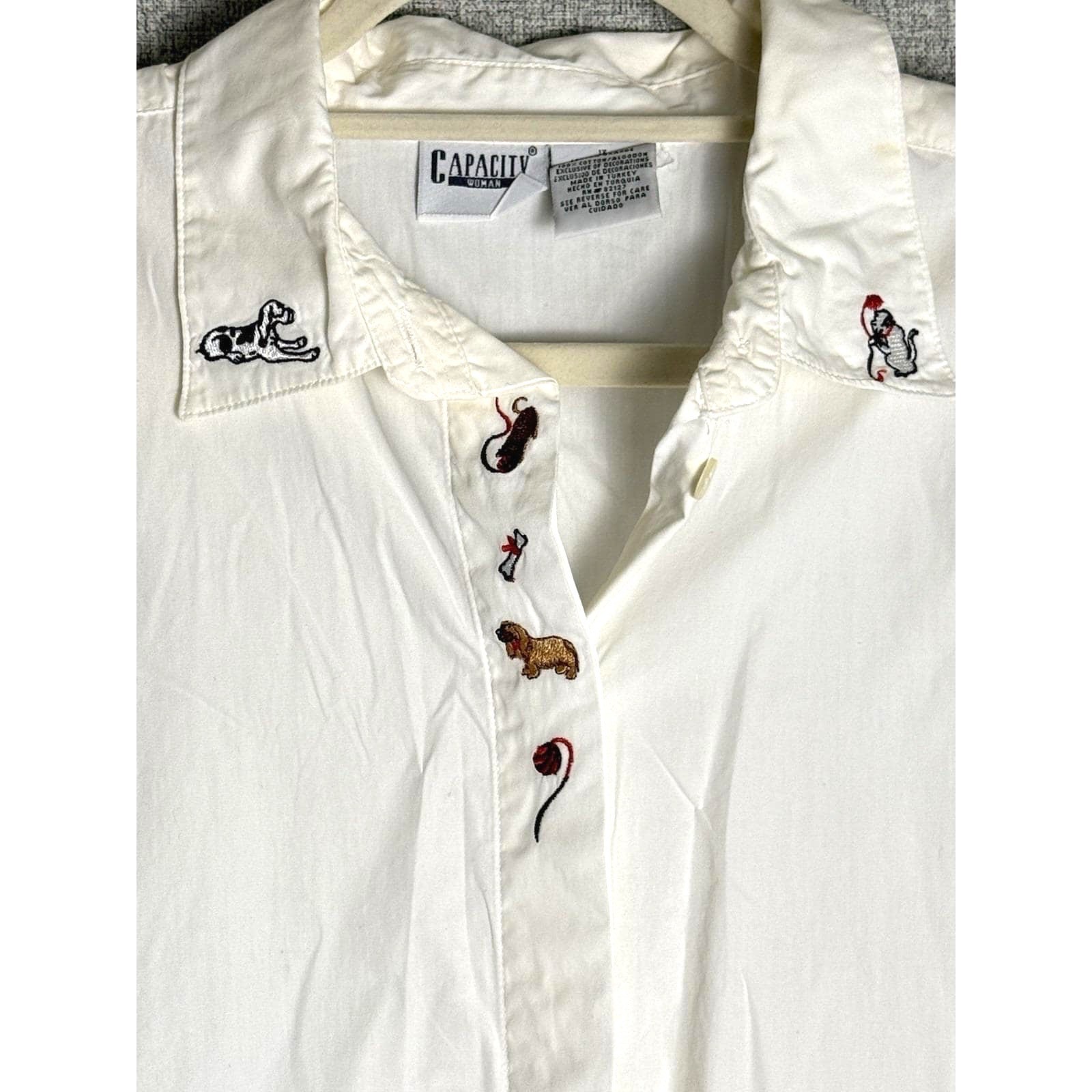 Vtg 80s/90s Capacity Woman Button Down Kitty Cat Dog Embroidery Shirt XXL