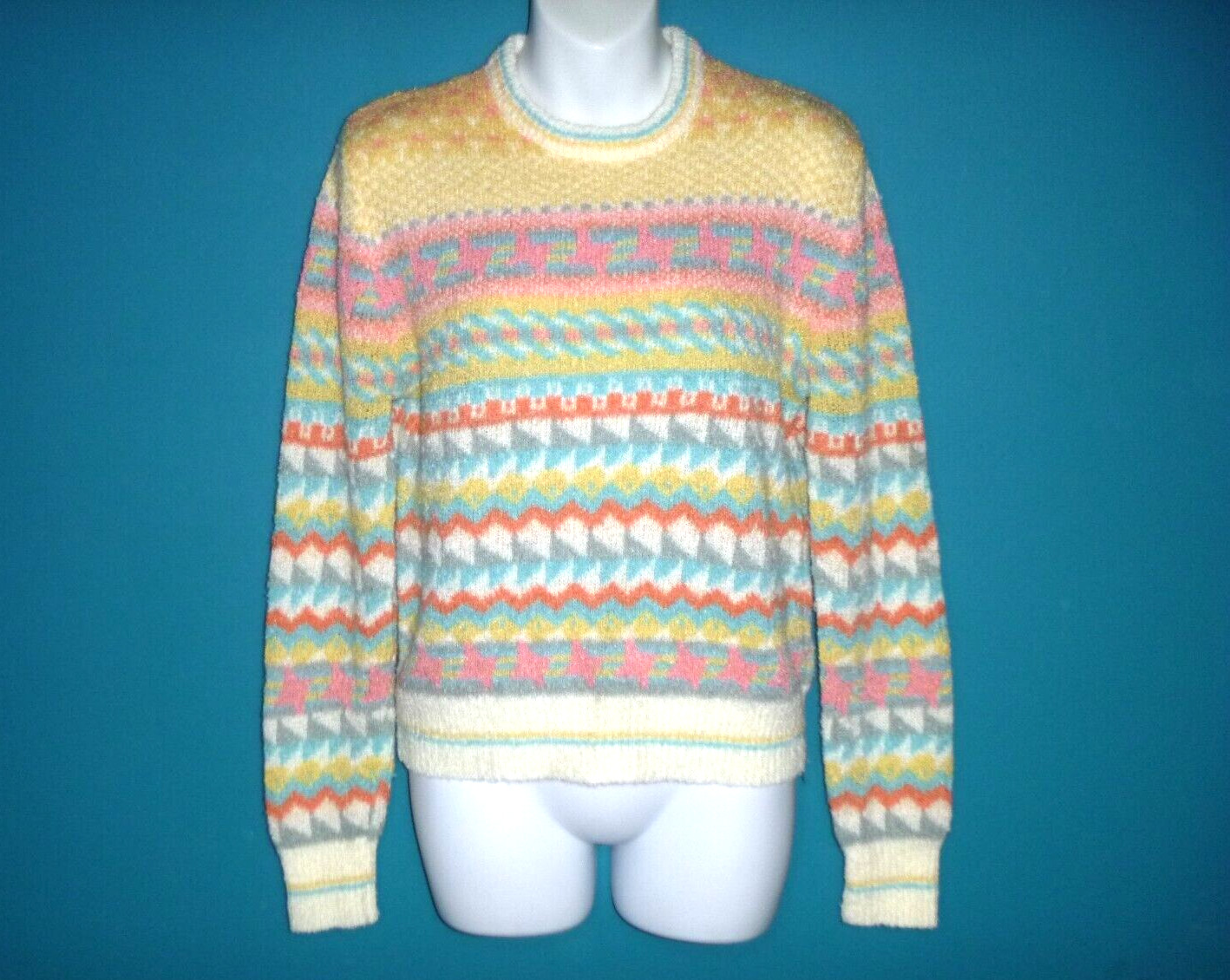 Vtg 70s EV Ltd Acrylic Sweater Multi Color Geometric Stripes Sz M/L