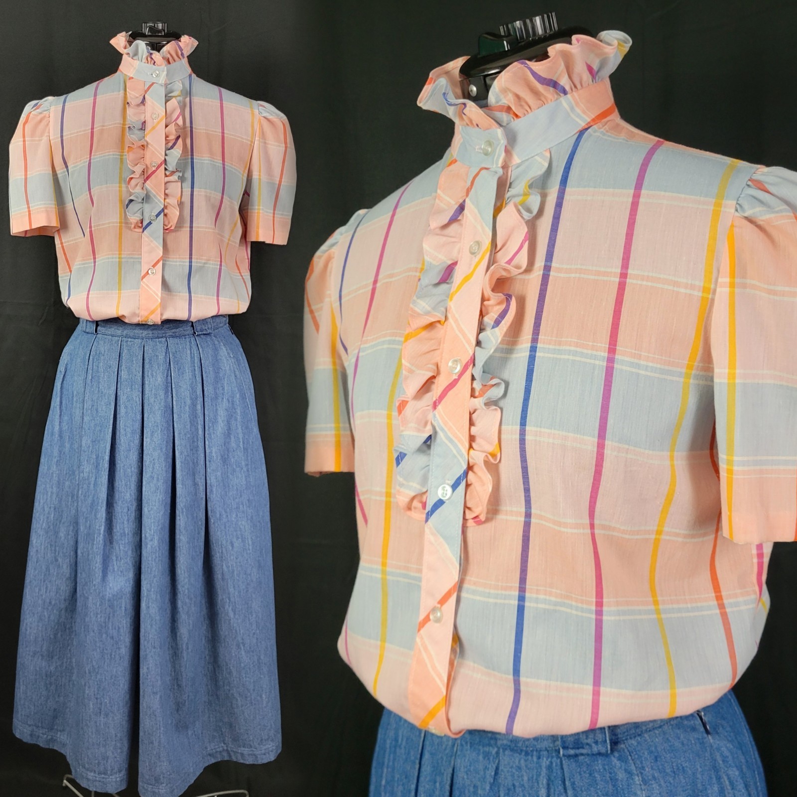 Vtg Lucky Winner Peach/Blue/Pink/Purple Plaid Top w Ruffled Collar Size 11/12