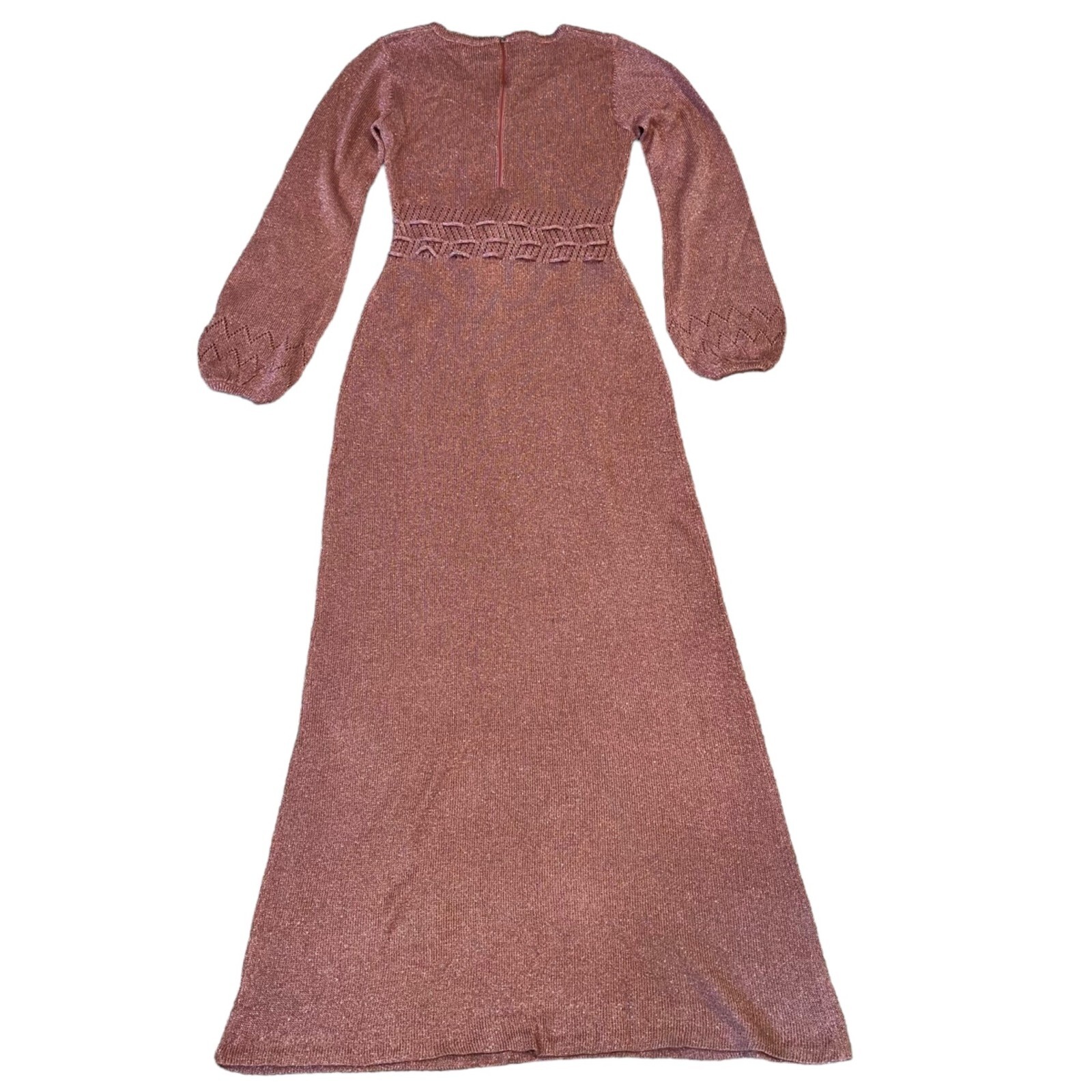 Wenjilli 70s Rose Pink Maxi Metallic Knit Wiggle Dress Balloon Long Sleeve 7/8