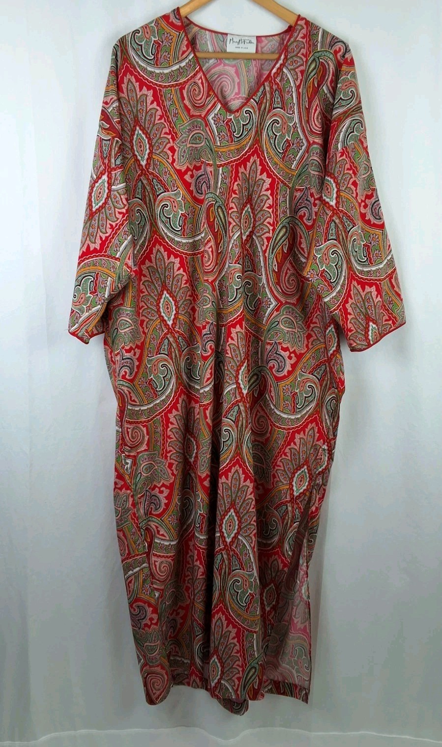 Vintage Mary McFadden V Neck Red Paisley Caftan House Dress One Size