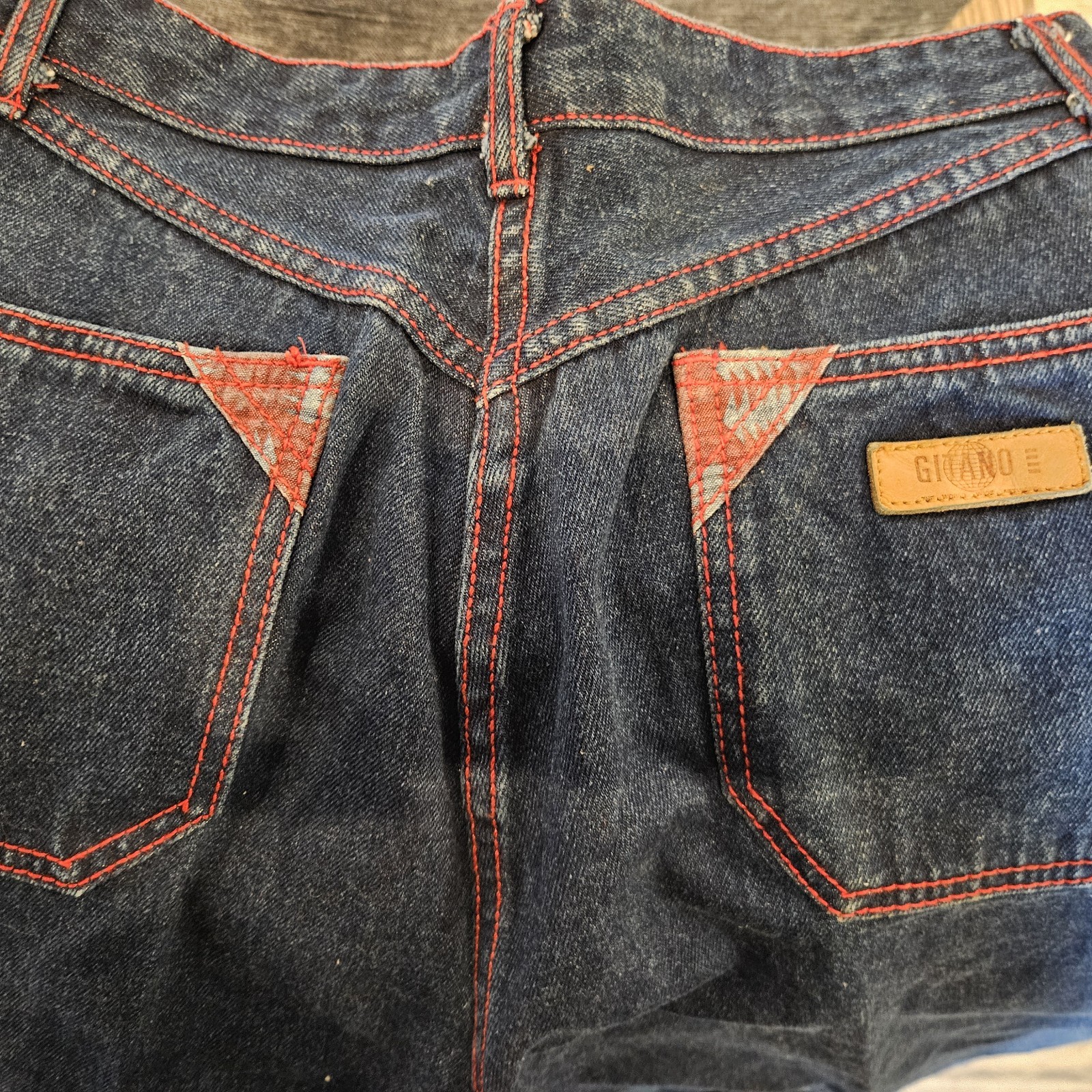 80s VTG Gitano Womens Blue Denim Red Stitching Tribal Accent Cuffs/Pockets Y2K