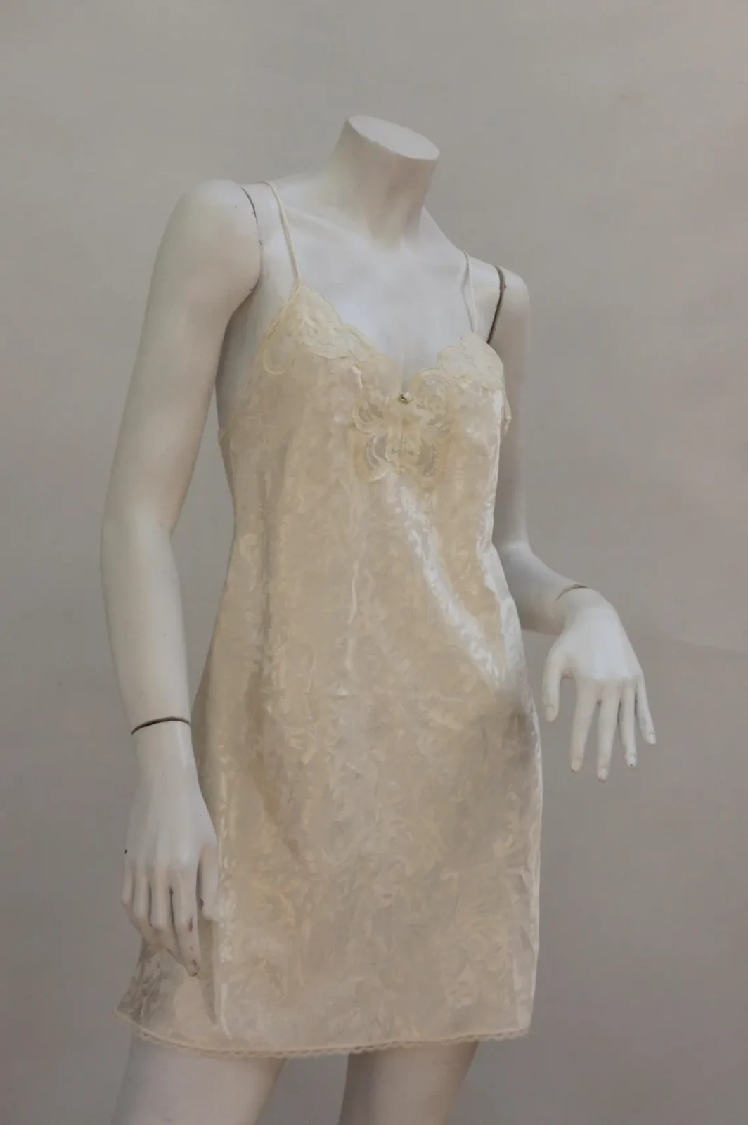 Vintage Creme Damask Print Short Satin Slip Dress By LA II Negligee Lingerie