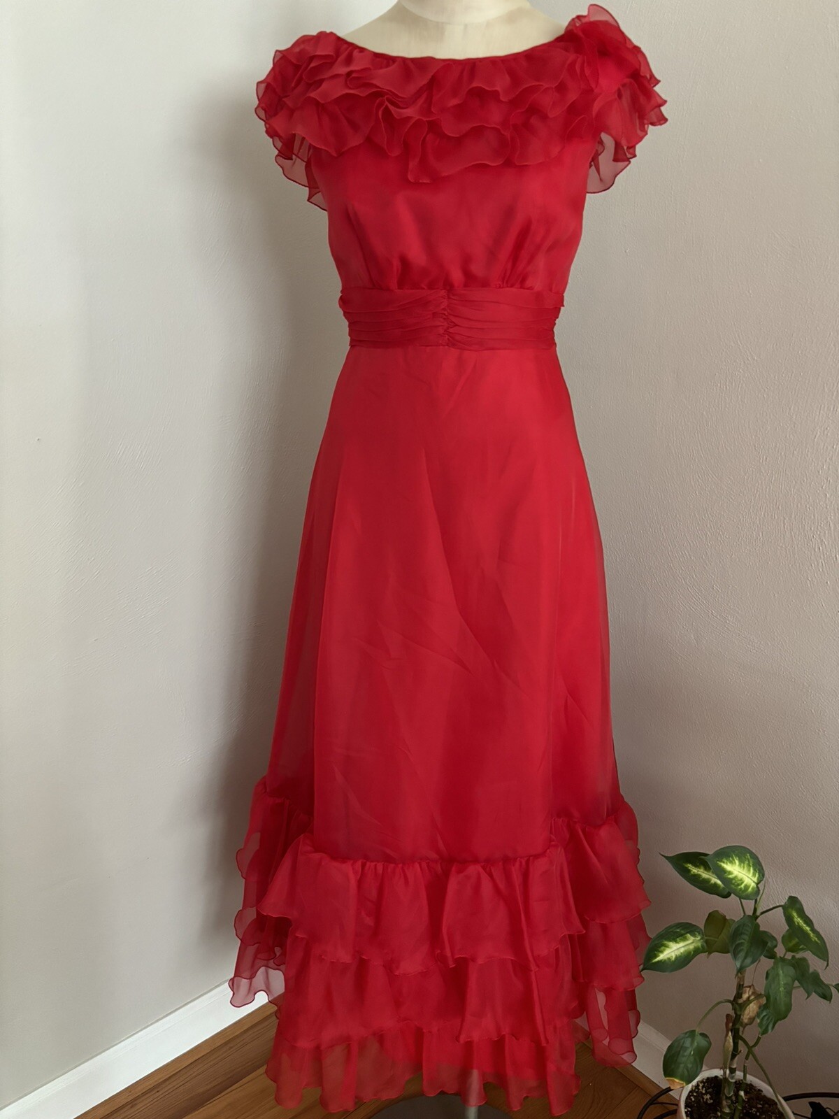 Vintage 80s Red Prom Dress Pageant Flamenco Southern Belle Ruffle ILGWU