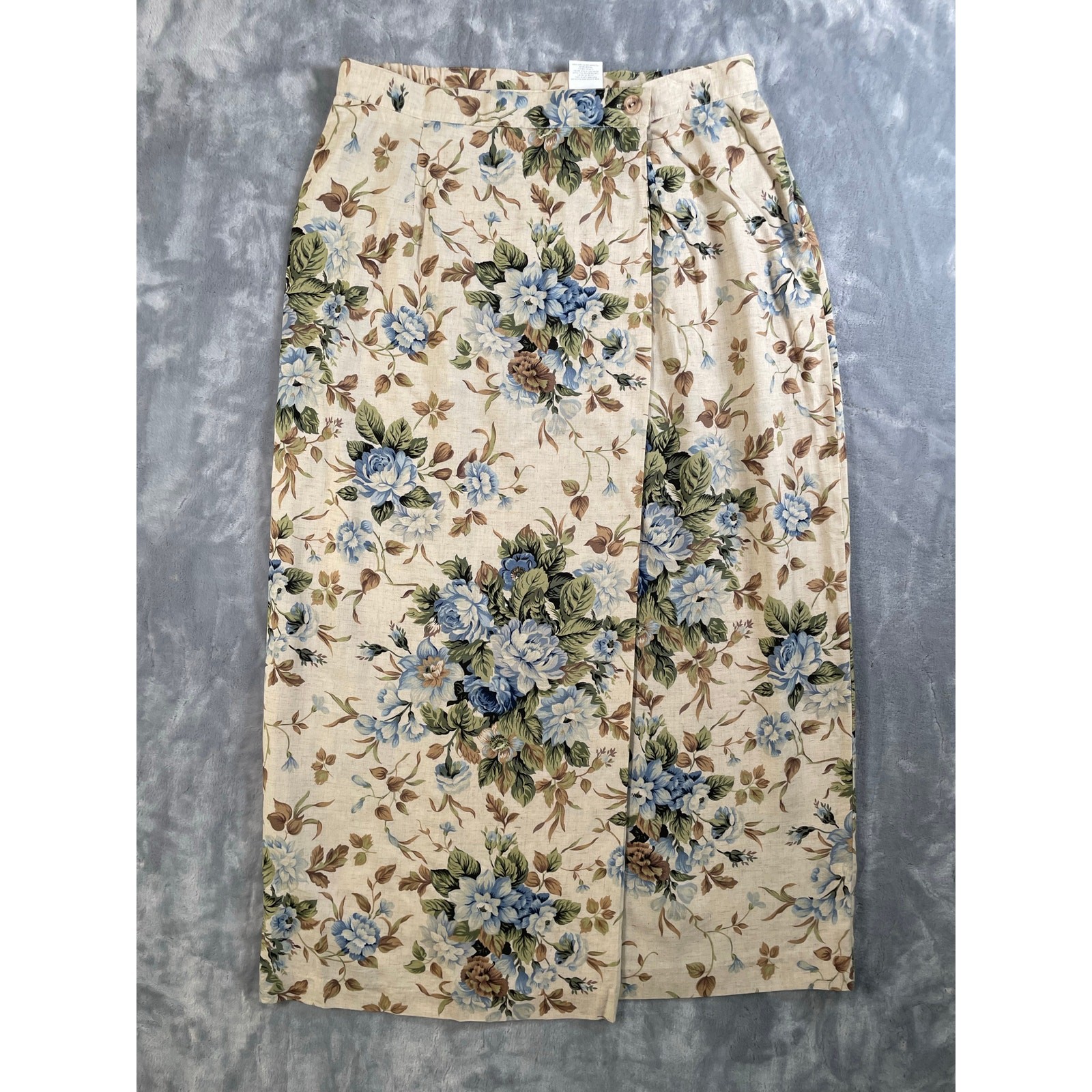 Vintage 90s blue rose floral print wrap midi skirt Koret cottage feminine Large