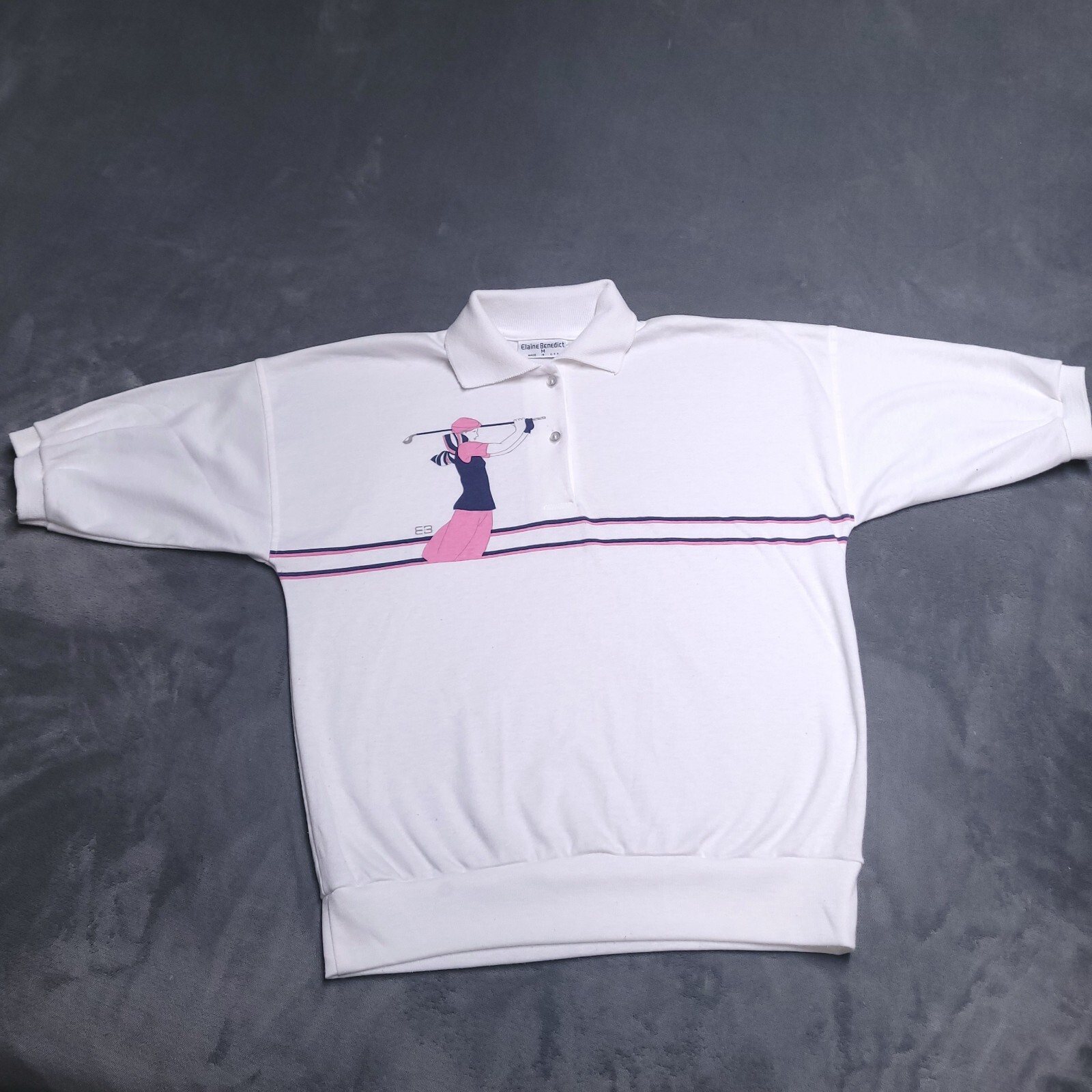 Vtg 90s Elaine Benedict Stylish Woman Golfer Polo Top Medium Made in USA
