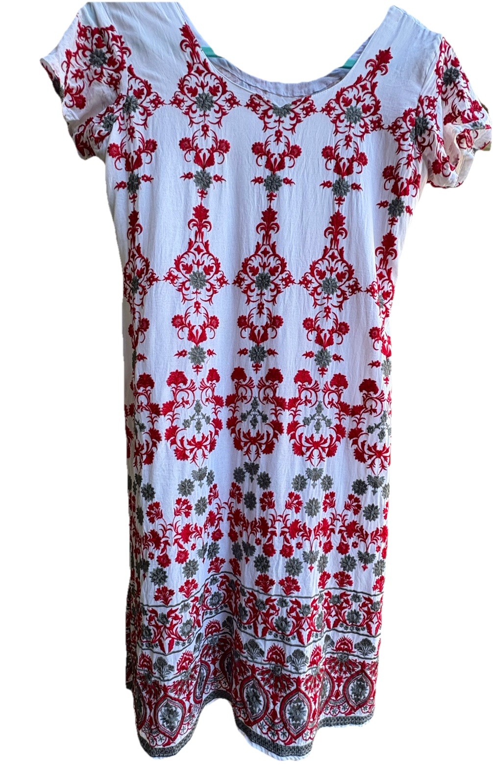Vintage Handmade Tunic Kurta – Red & Gray Crewel Embroidery, BEAUTIFUL