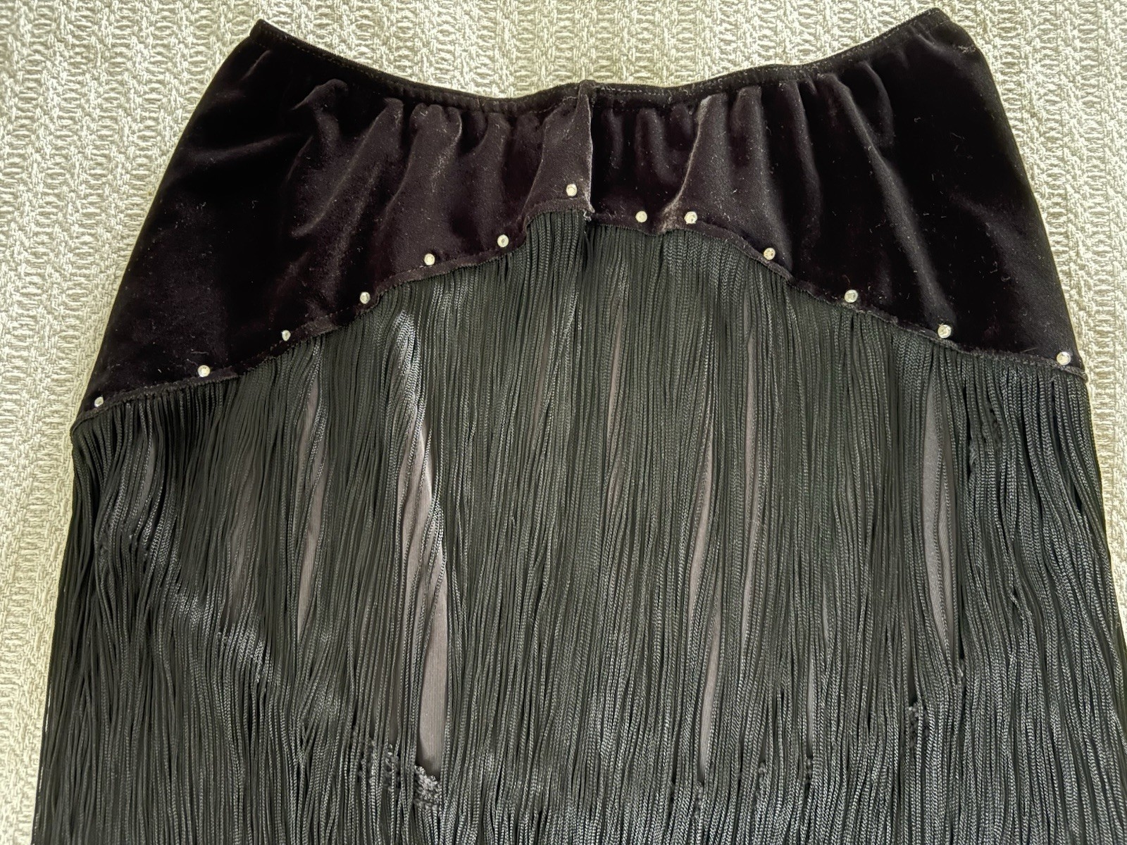 Vintage 90s Y2K Velvet Fringe Mini Skirt Strapless Top Mall Goth Club Boho Bling