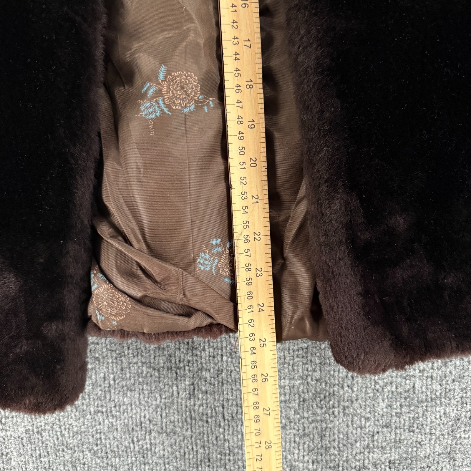Vintage Chocolate Brown Fur Jacket Union Label Floral Lined Crop Coat Womens S