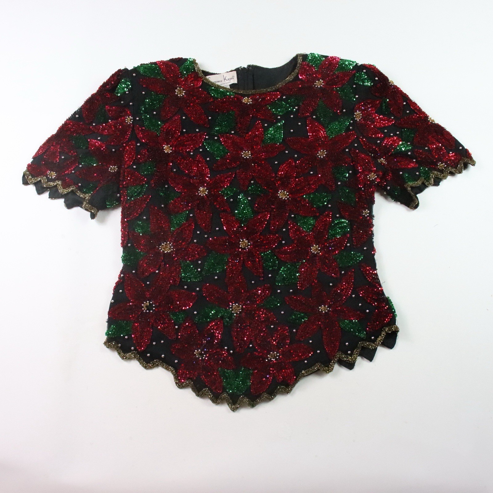 Vintage 80s Laurence Kazar Poinsettia Sequin Top XL Holiday Evening Blouse