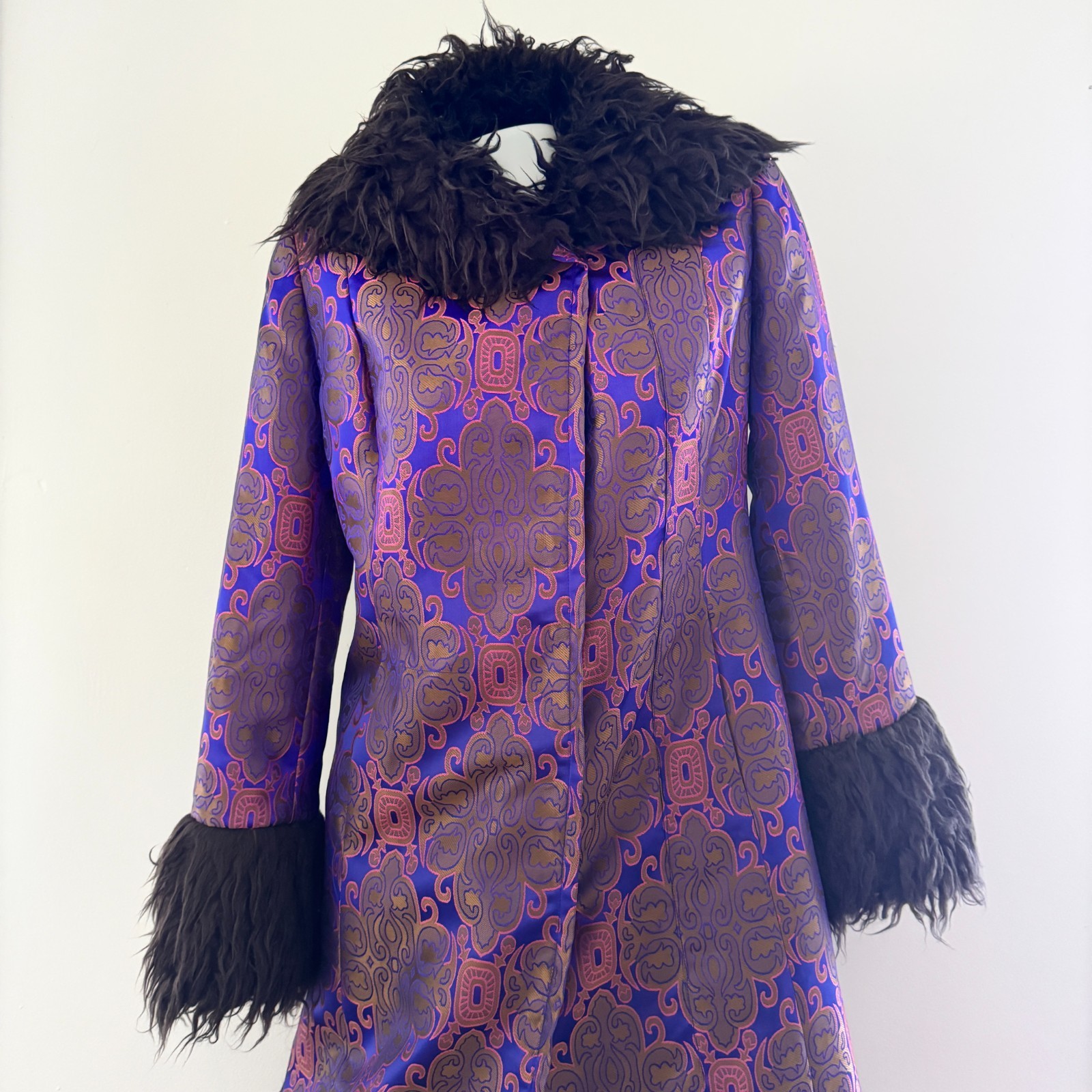 90s vtg VIVIENNE TAM Purple Gold IRIDESCENT Brocade Rave Penny Lane Fur Coat Y2K