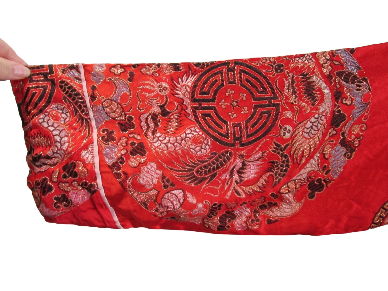 Vintage Red Kimono Robe Intricate Dragon Phoenix Coin Embroidery No Tie Damage