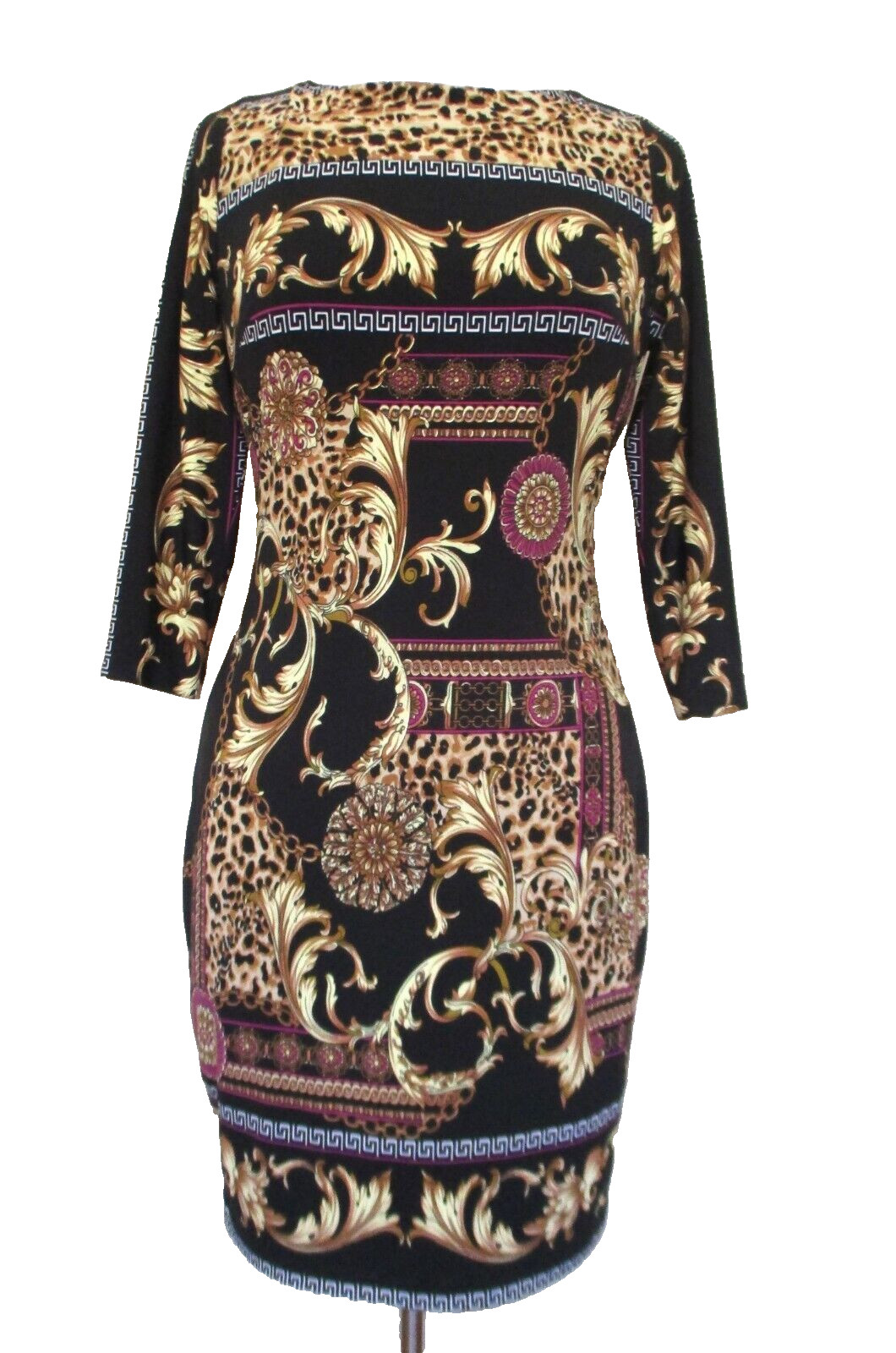 Vintage Cache Sheath Dress Size 4 Women Greek Key Animal Print Stretch 3/4 Slv