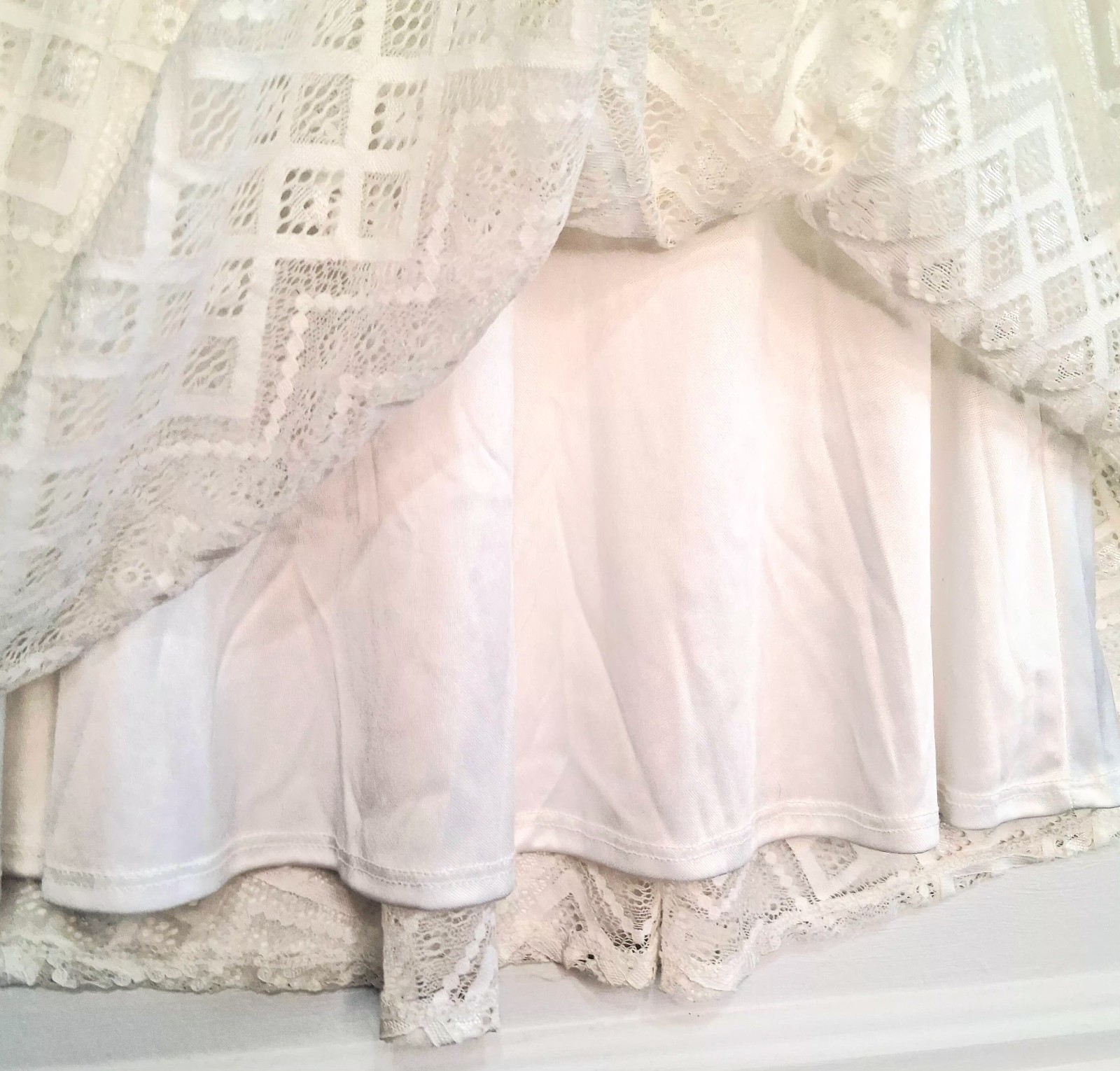 Vtg 70s Candie’s Sz M Sleeves Fit & Flare Ivory Lace Mini Skate Dress Lined