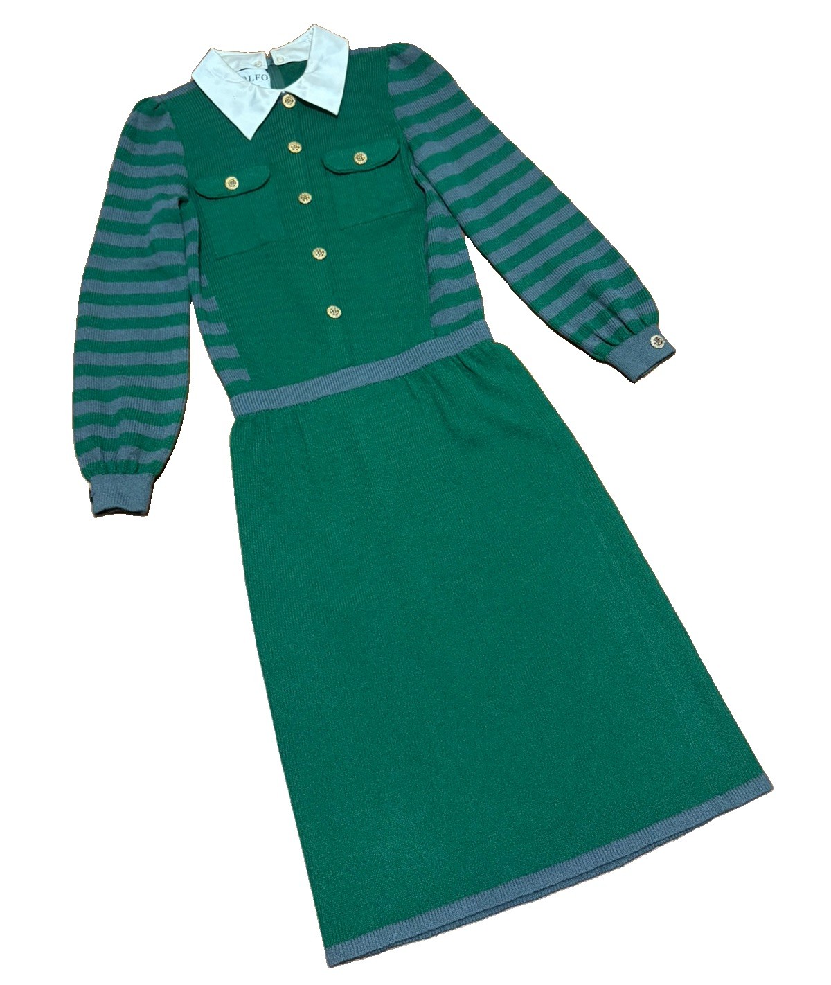 VTG Adolfo New York Green & Gray Wool Blend Knit Sweater Dress Sz XS GUC