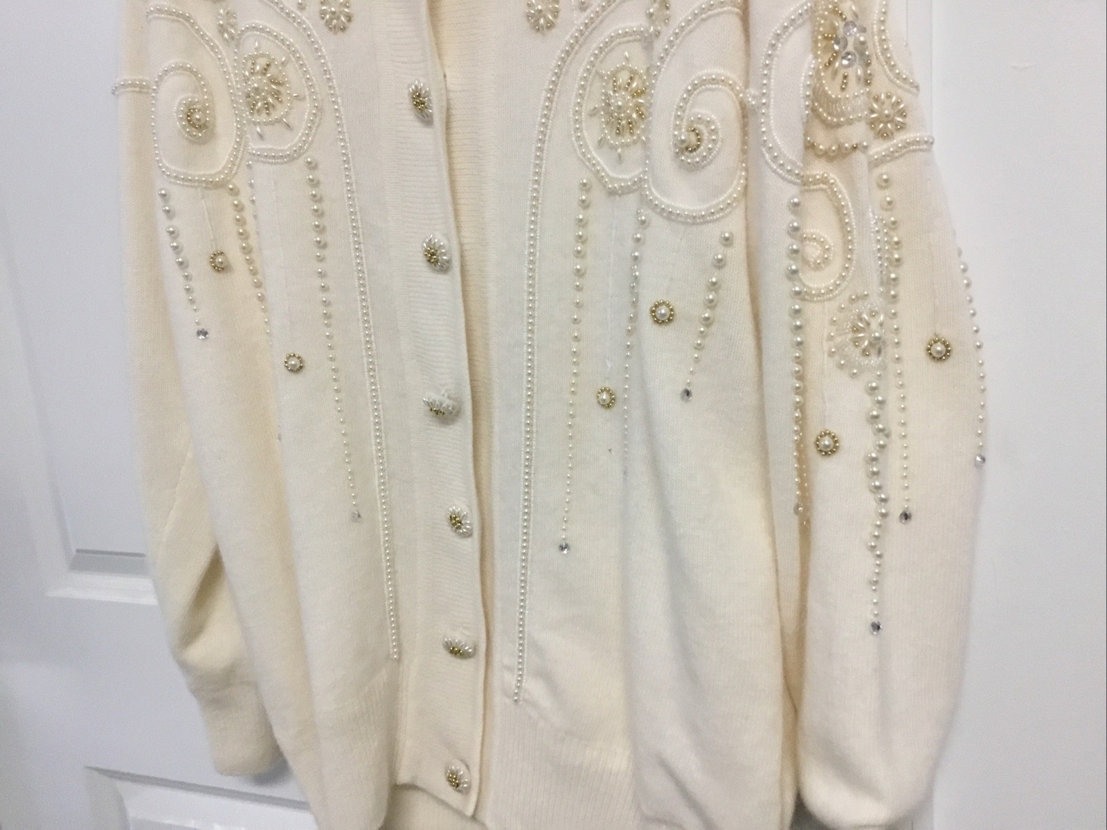 Vtg Belldini CardiganSweater Beaded WoolAngoraNylon L Ivory Shoulder Pads Lined