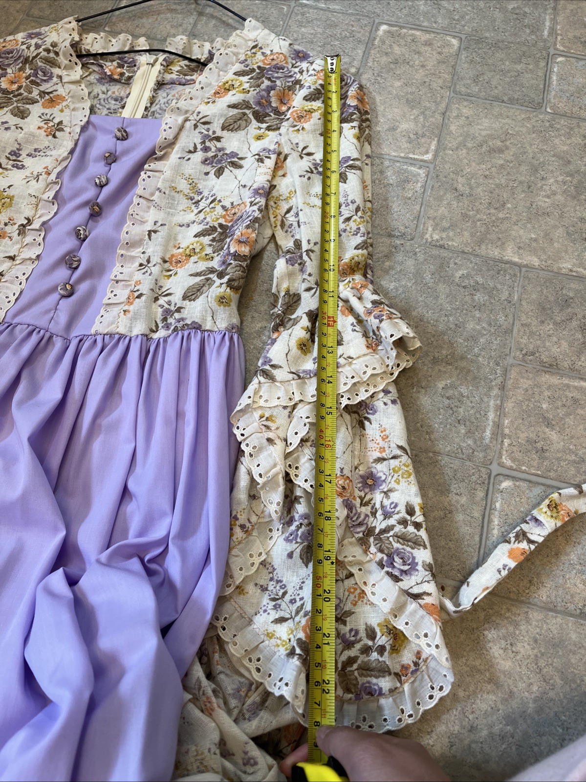 Vtg 70s Ivory Purple Floral Lace Pearl Long Sleeve Belted Dress Cottagecore