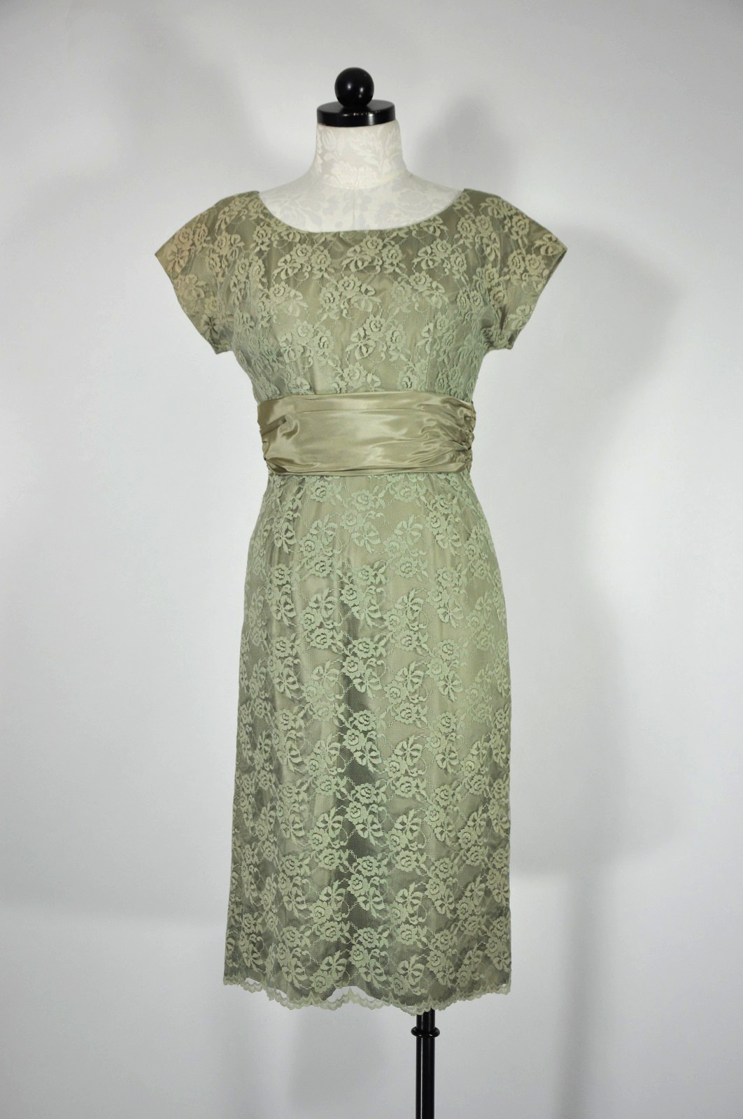 60s Vintage Sage Green Floral Lace Midi Sheath Wiggle Cocktail Dress Women XS S