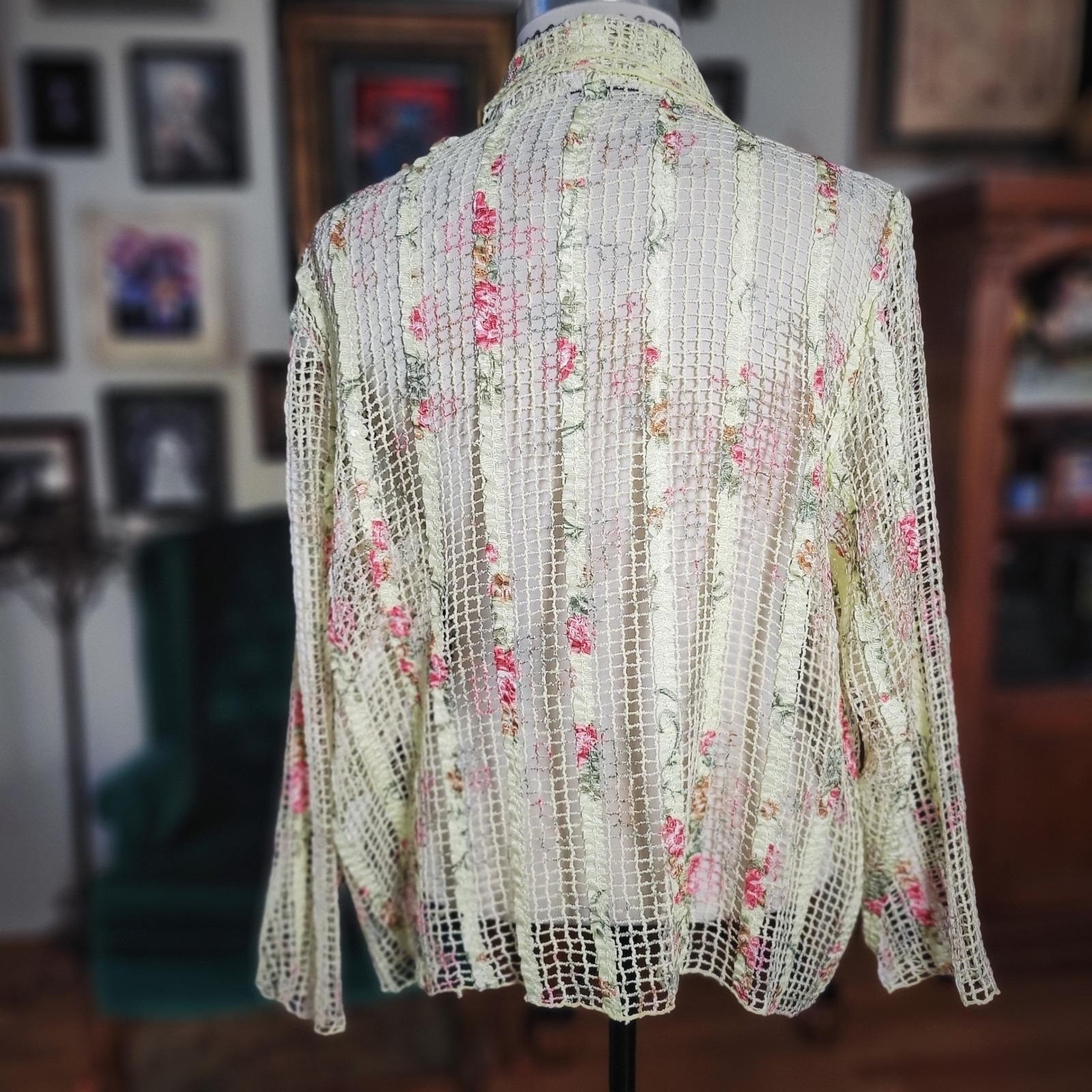 Demisienne Lace Cardigan Vintage Y2K Floral Mesh Sheer Jacket Yellow Boho Large