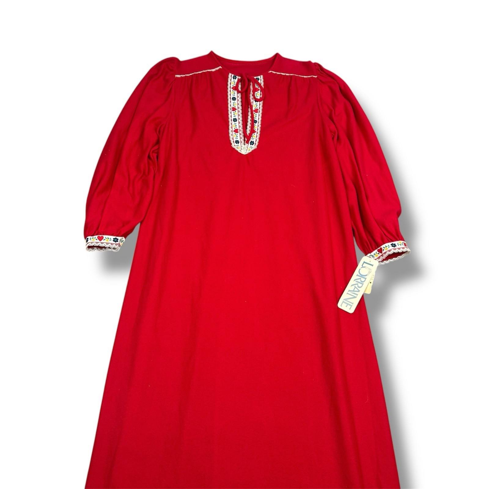 New Vtg Lorraine Long Nightgown Acetate Thin Fleece Red Floral Lace Trim Sz S