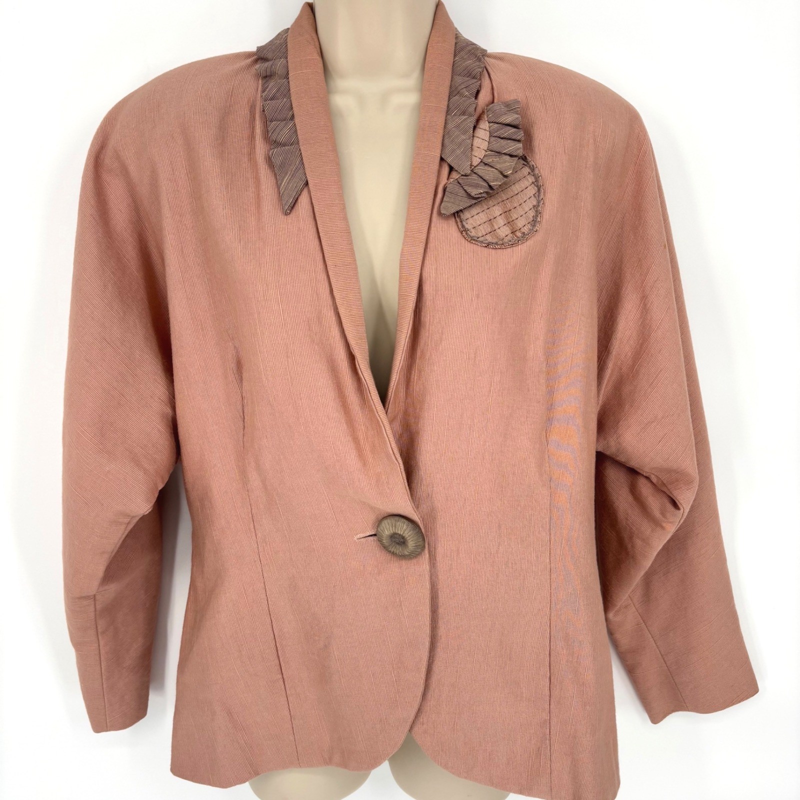 Vintage 50s Edith One-Button Applique Blazer Pink Peach Lined Womens Sz L