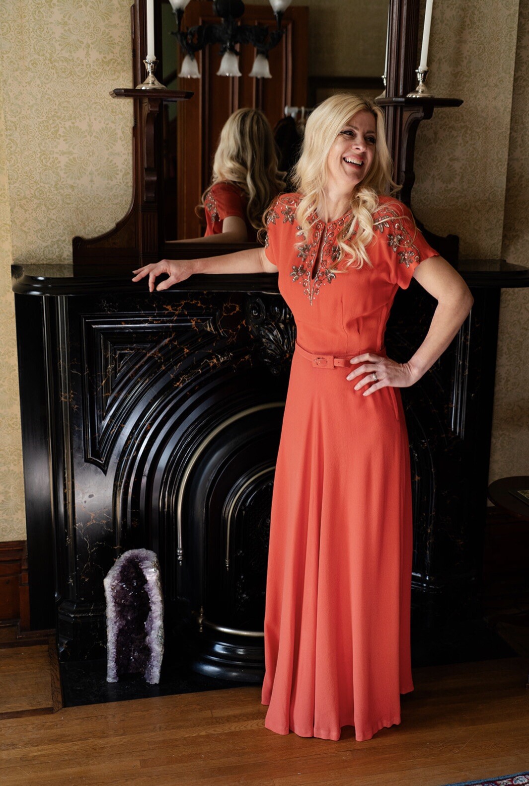 1940’s Coral Silk Crepe Silver Sequin Floral Cocktail Dress