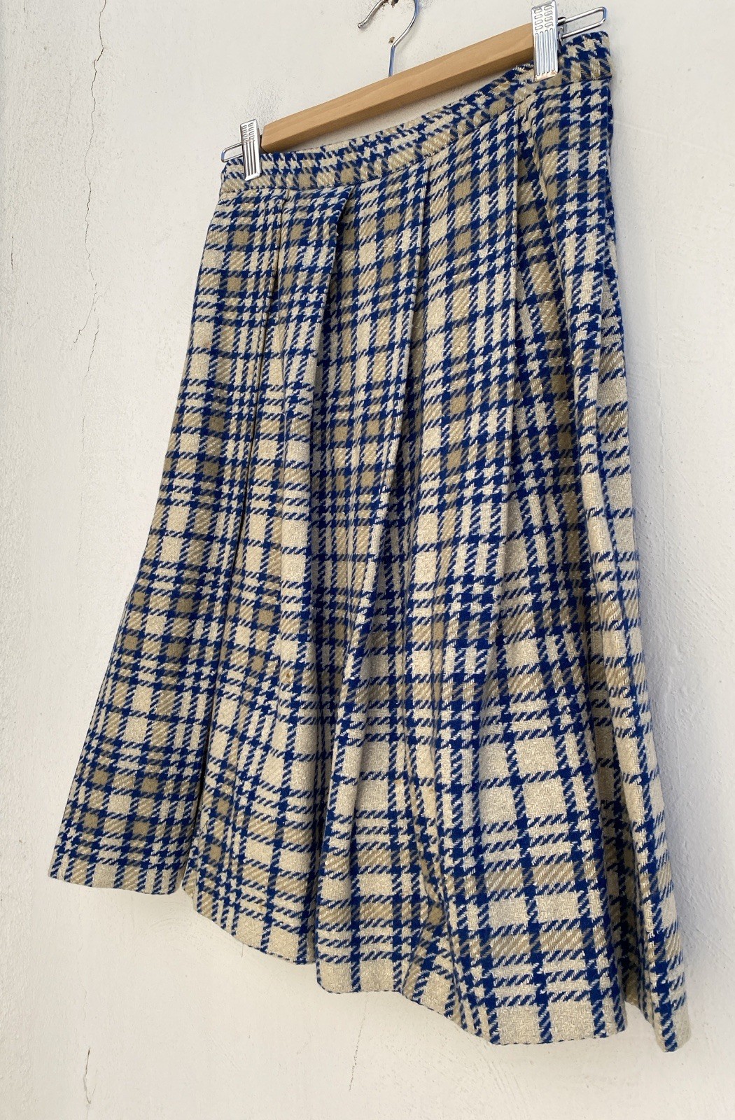 Vintage Handmade 50s S 100% Wool Pleated Full Skirt Blue Ivory Plaid