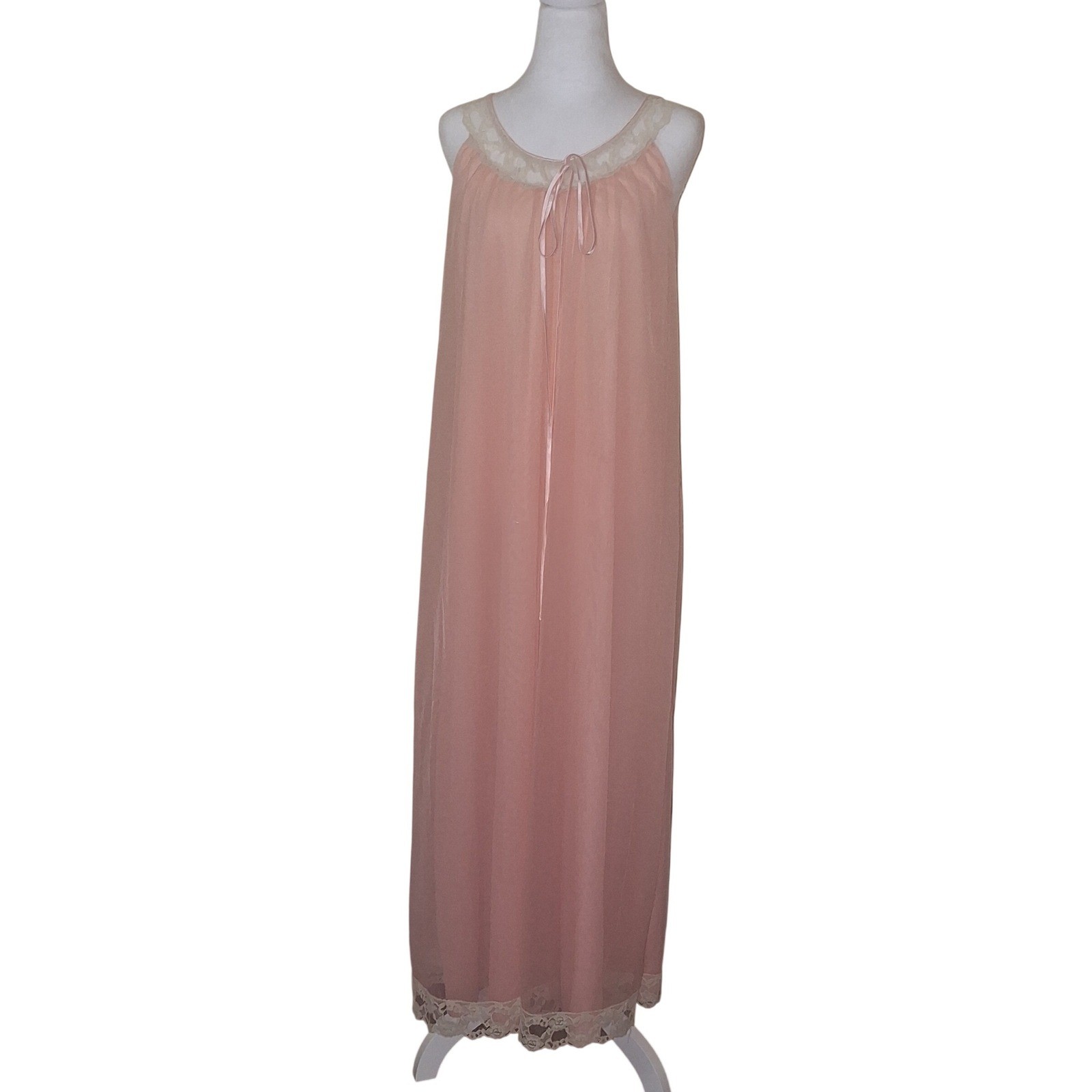 Vintage Pink Night Gown Nighty Lace Maxi Romantic Flowy Sleeveless