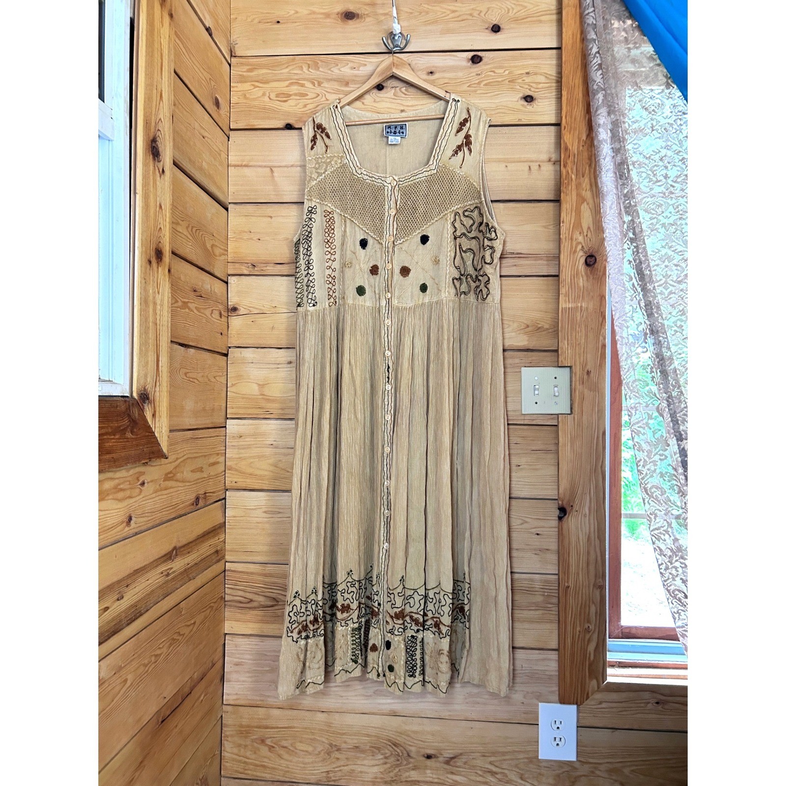 Vintage Rayon Gauze Dress Womens 2X Tan Whimsigoth Fairycore Boho MPH
