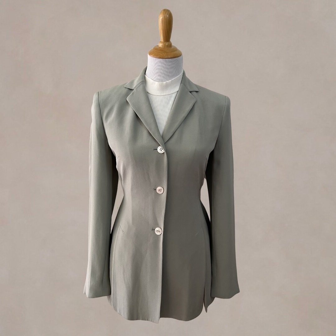 Vintage 90s Rena Rowan Silk Belted Blazer Gray Longline Jacket 4