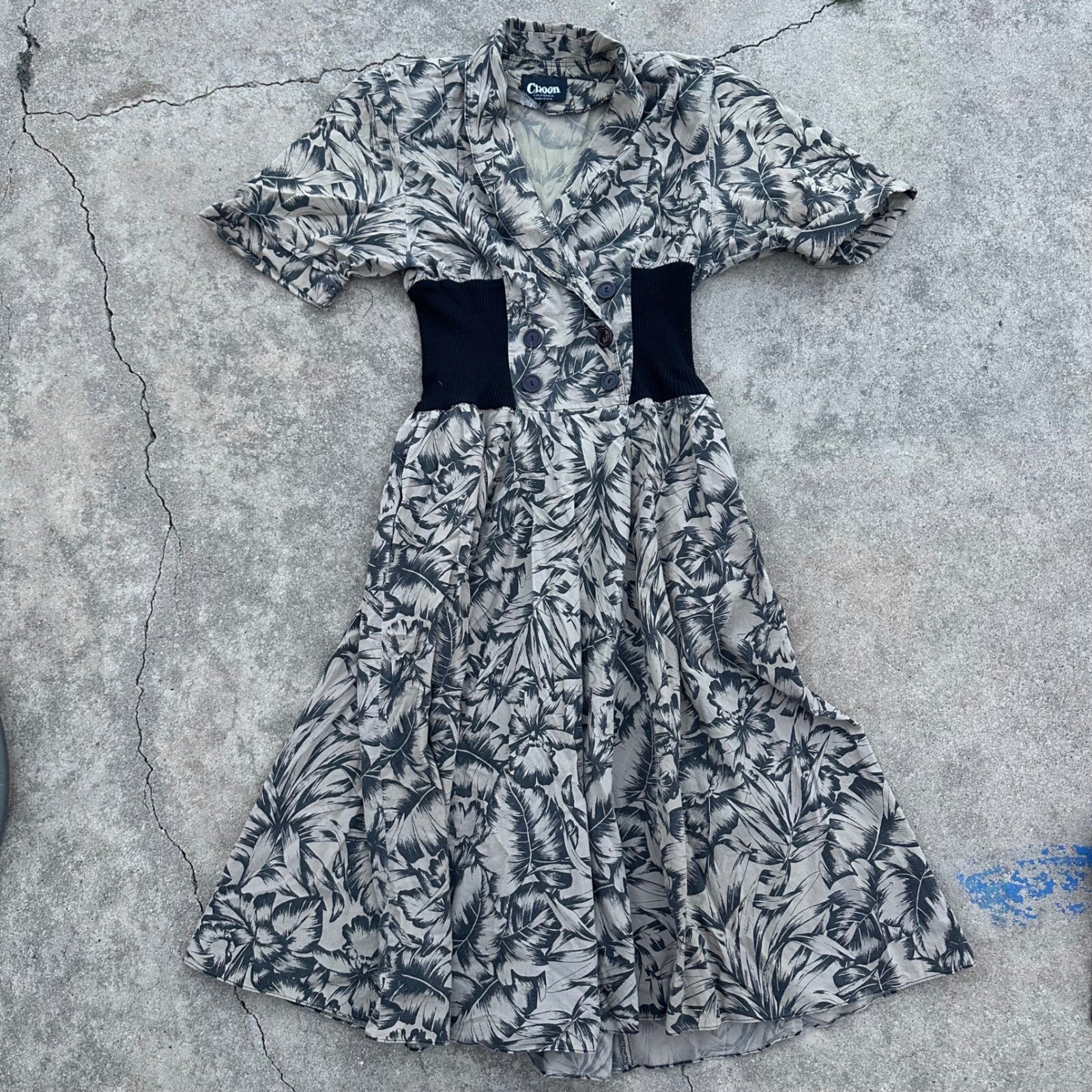 Choon California Dress Palm Leaf Print Corset Waist Button Up Vintage