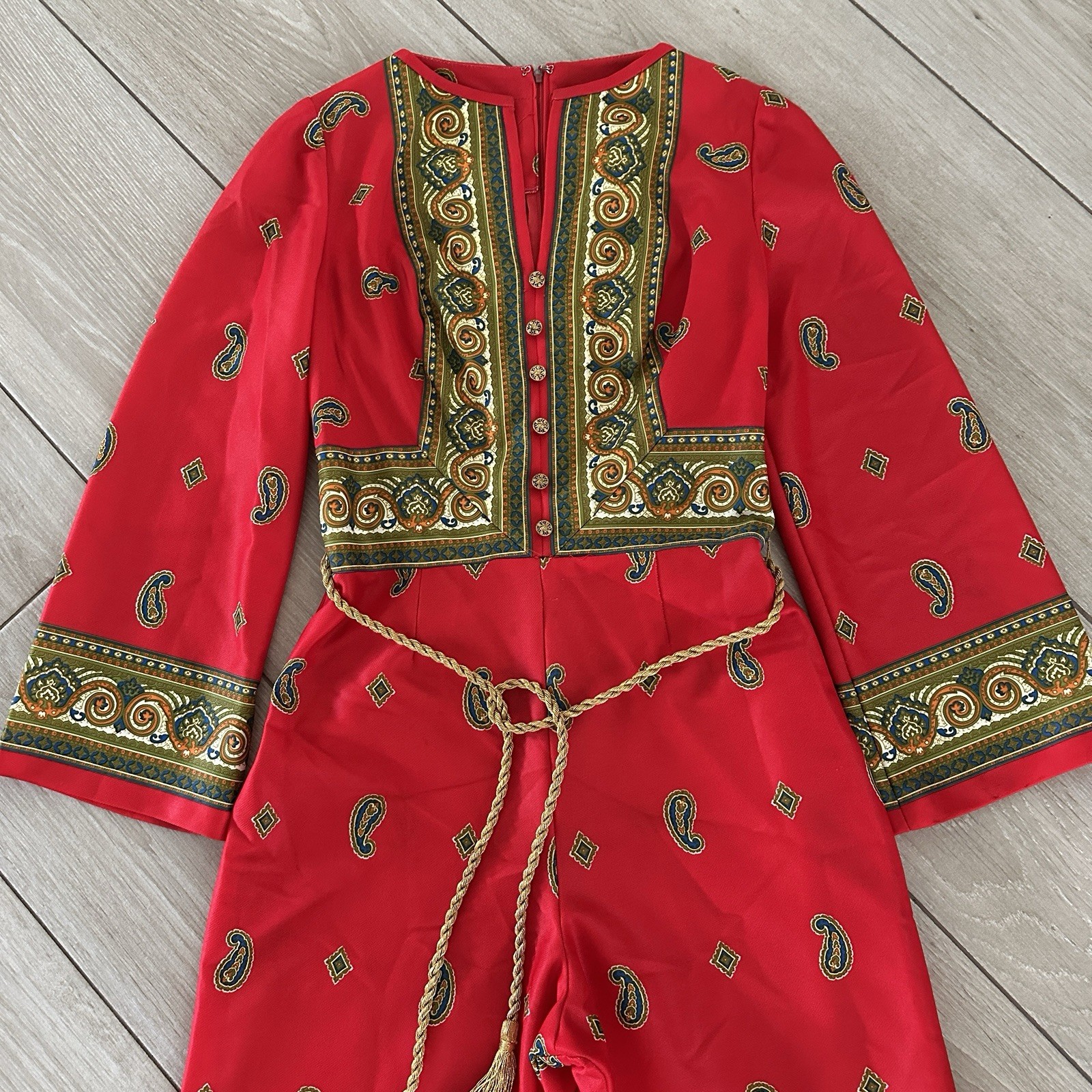 Vintage Mel Warshaw Miss Jane Miami Red Paisley Wide Leg Jumpsuit Gold Rope Belt