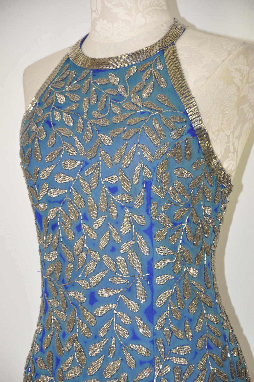 80s Vintage Blue Silk Silver Beaded Jeweled Leaves Backless Halter Mini Dress S