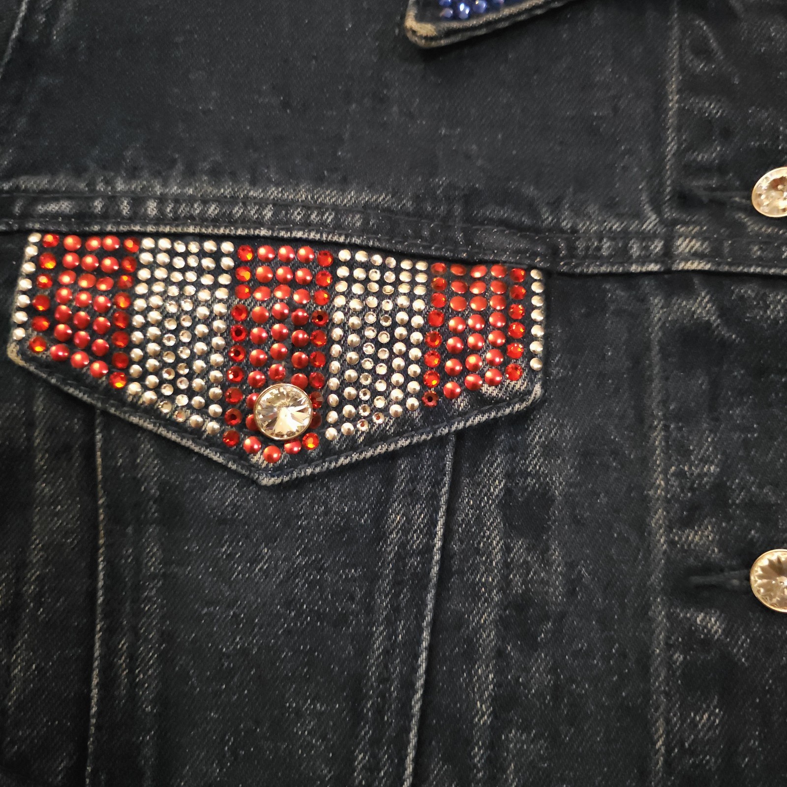 Vintage 90s Heritage Denim Rhinestone American Flag Jacket Christine Alexander S