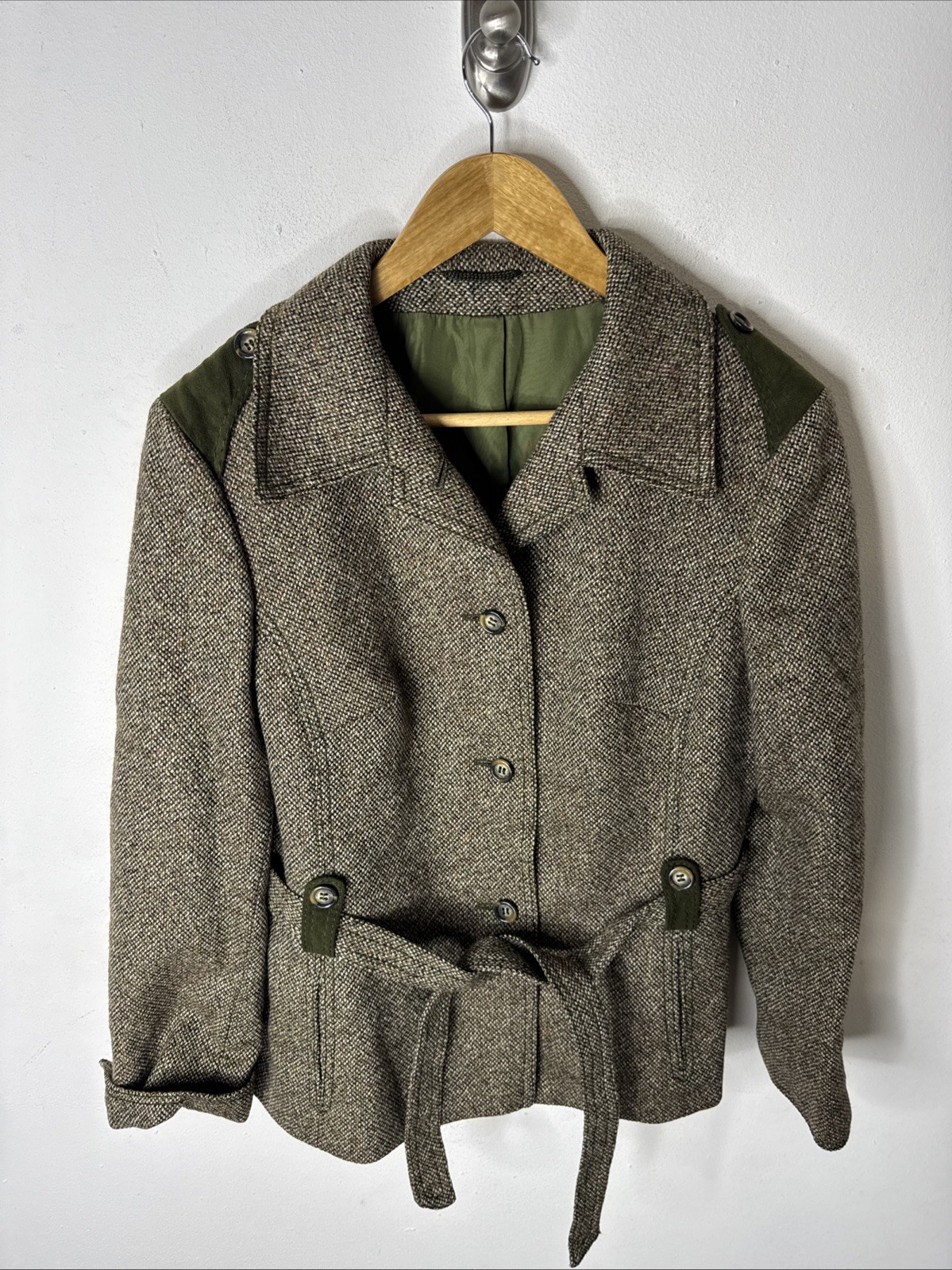 Vintage Lindner Women M Tweed Wool Jacket Green Suede Trim Equestrian 70s German