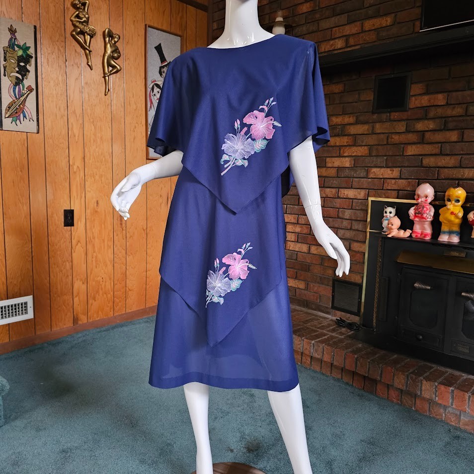 Vtg 70s Disco Volup Sheer Chiffon Crepe Capelet Tiered Handkerchief Dress L/XL