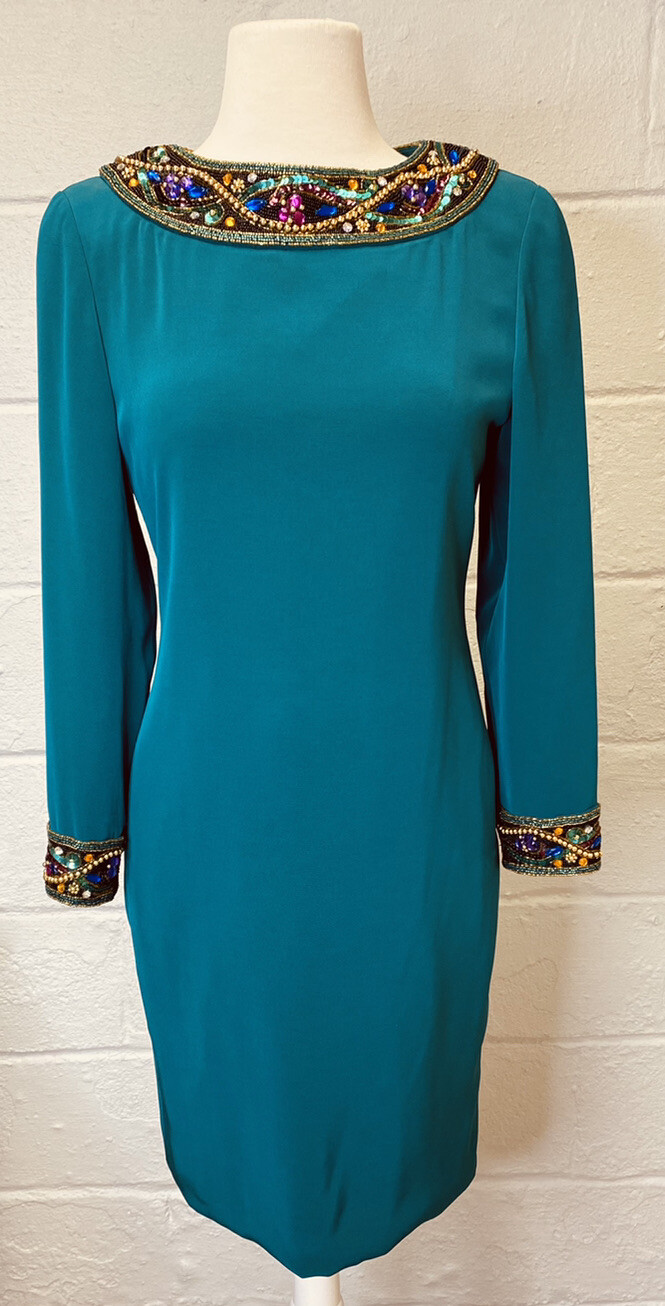 Niteline Della Roufogali Emerald Green Dress Cocktail Sz 4 Petites 80s Jeweled
