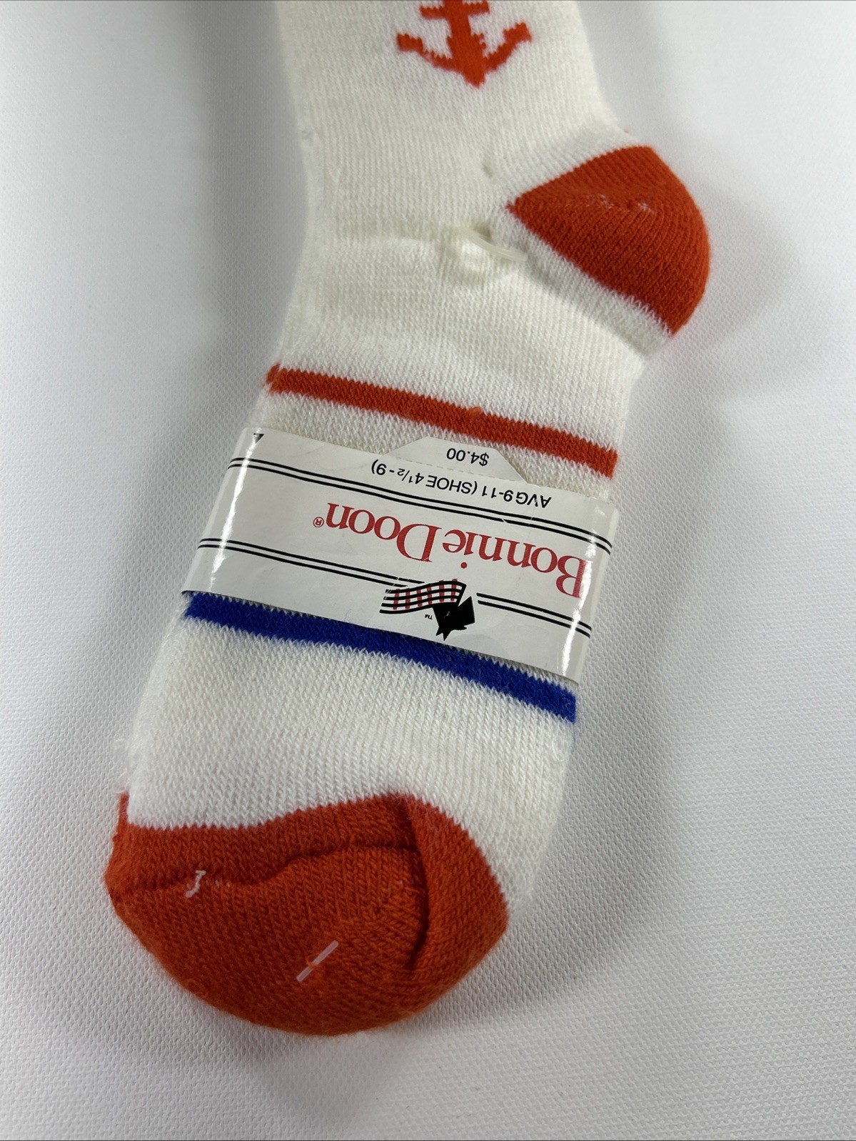 VTG 80s Bonnie Doon Socks Crew Anchor Acrylic Nylon Size 9-11 Orange White Blue.