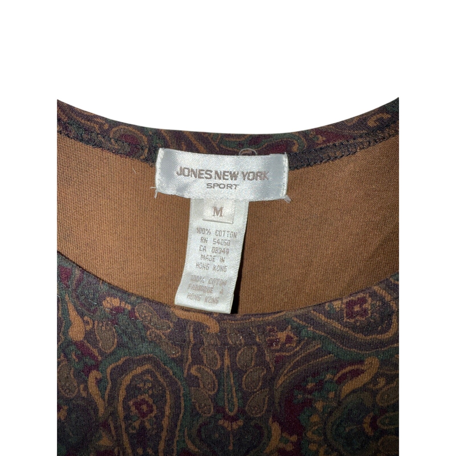 Vintage 90s Brown Cotton Paisley Sleeveless Jumper Midi Dress Jones New York