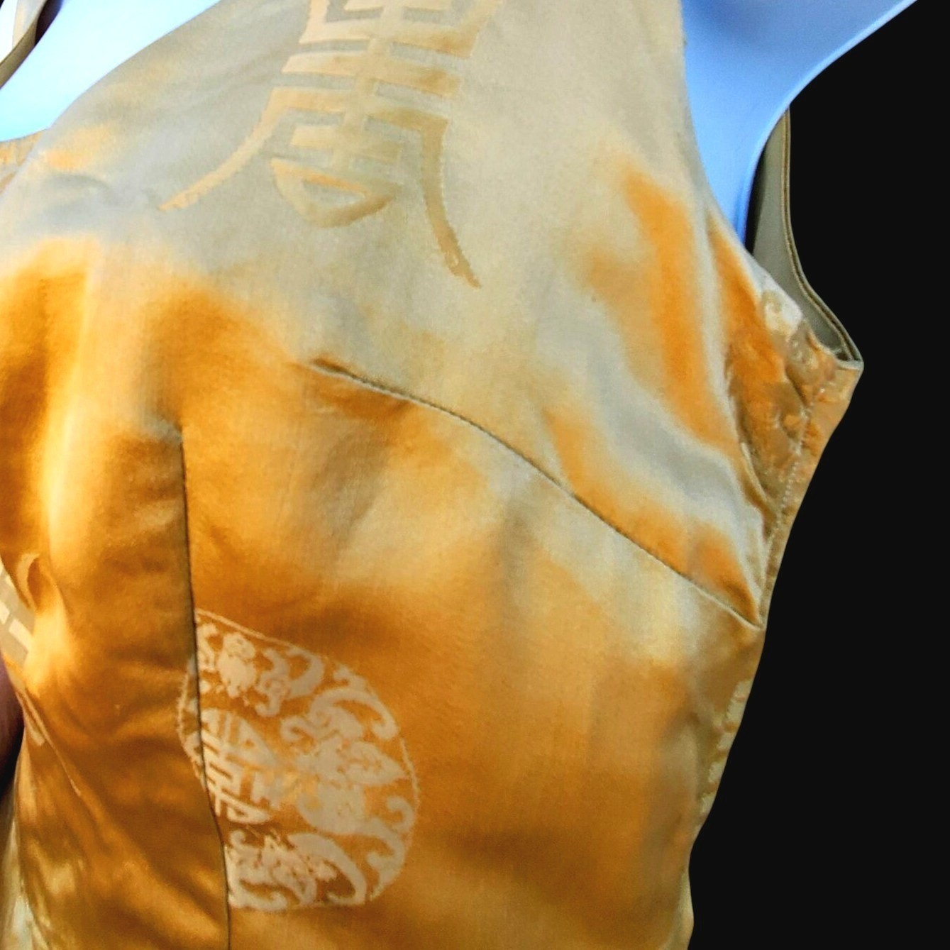 1950s Pin Up Wiggle Dress 10 Curvy Gold Chinese Brocade Rockabilly 25″ Waist