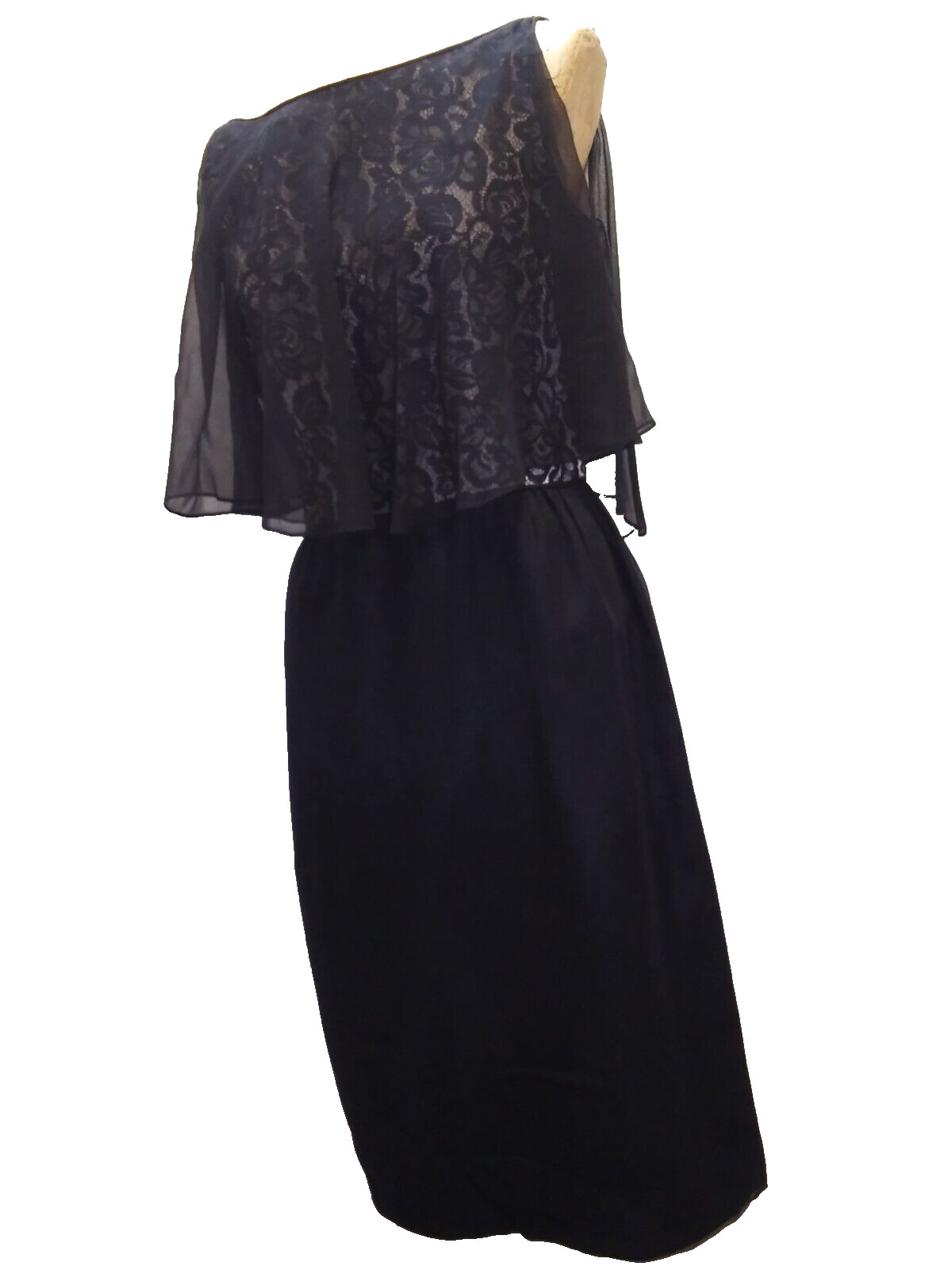 Vintage 1950’s 60’s Black Crepe Rayon & Chiffon Lace Cocktail Dress S/M