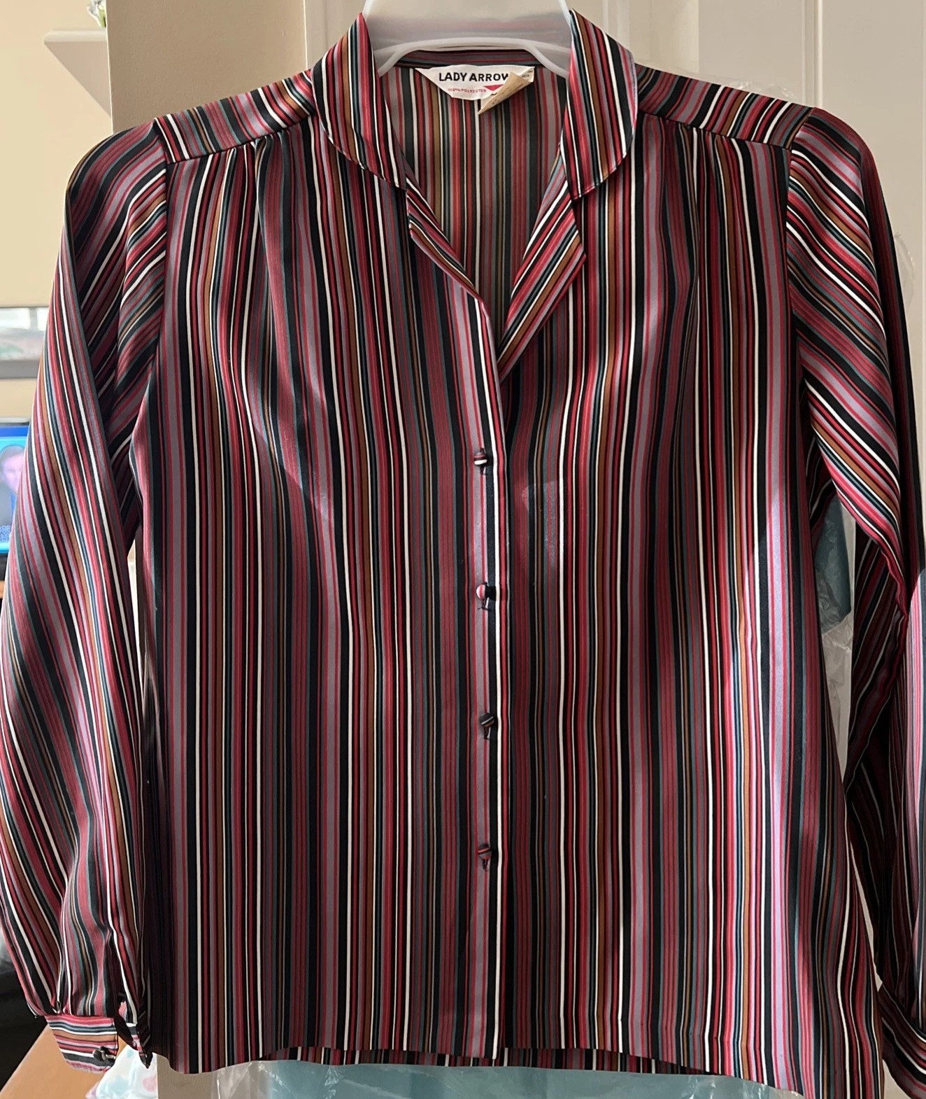 Vintage 1970s Striped Lady Arrow Blouse Disco Mod Womens Retro Size 10