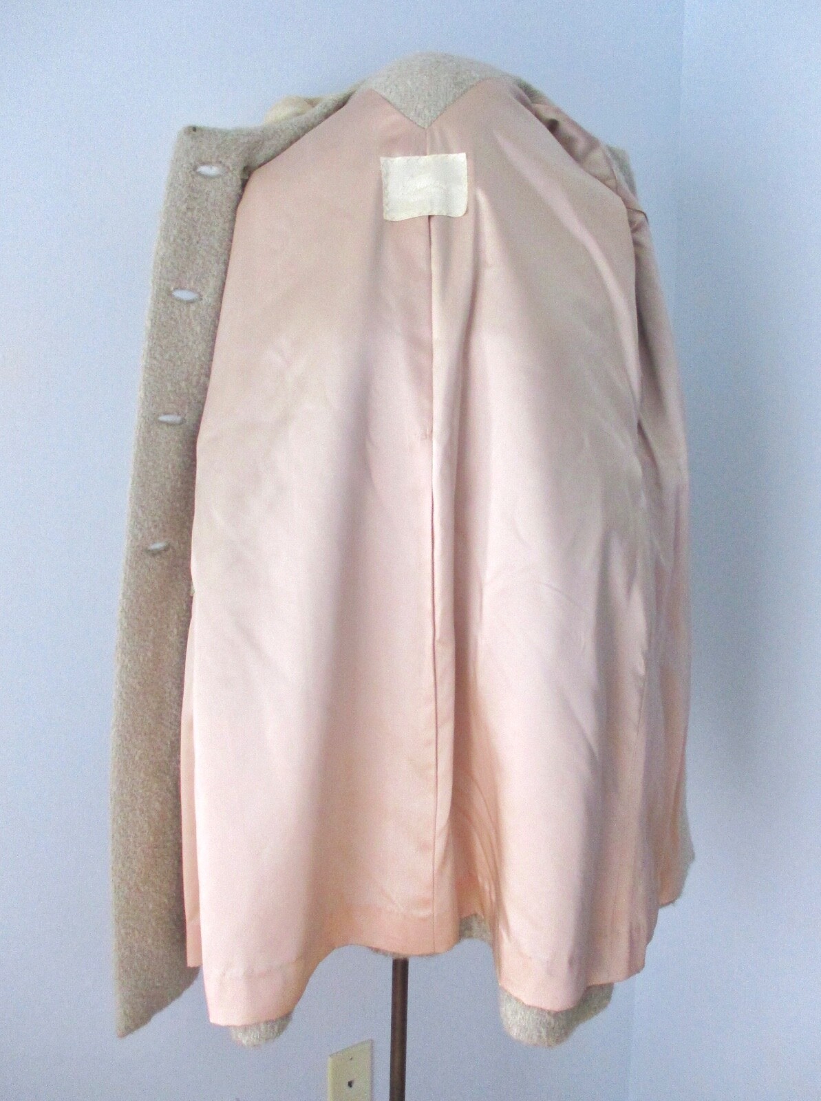 Vtg 50s Rockabilly VLV Freiss gray boucle swing coat cream sheared fur cuffs M/L