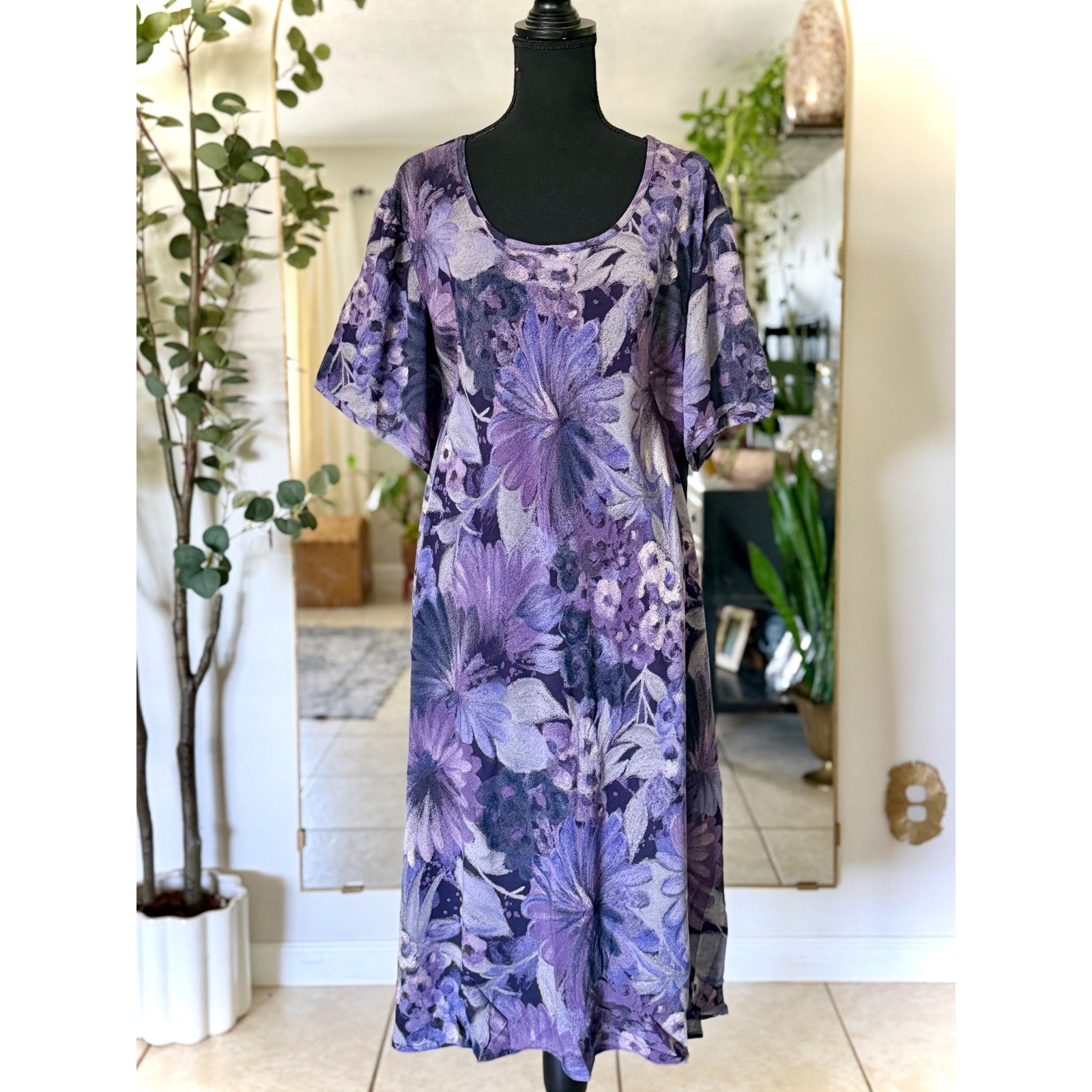 90s Vintage Moody Botanical Floral Scoop Neck Shift Dress XL