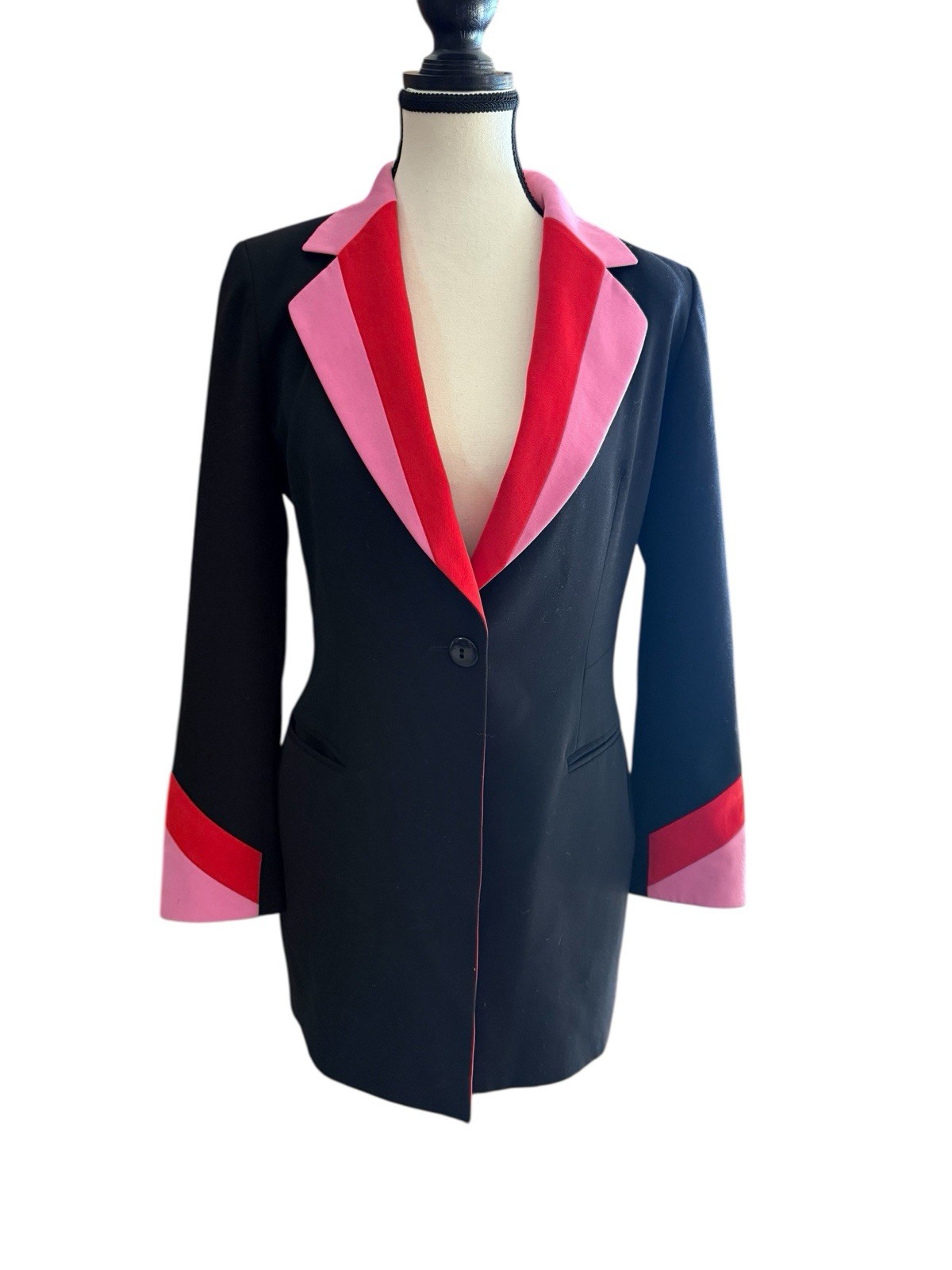 1980s Escada Pink Red Lapel Cuffs Colorblock Power Runway Blazer Dress Tailored