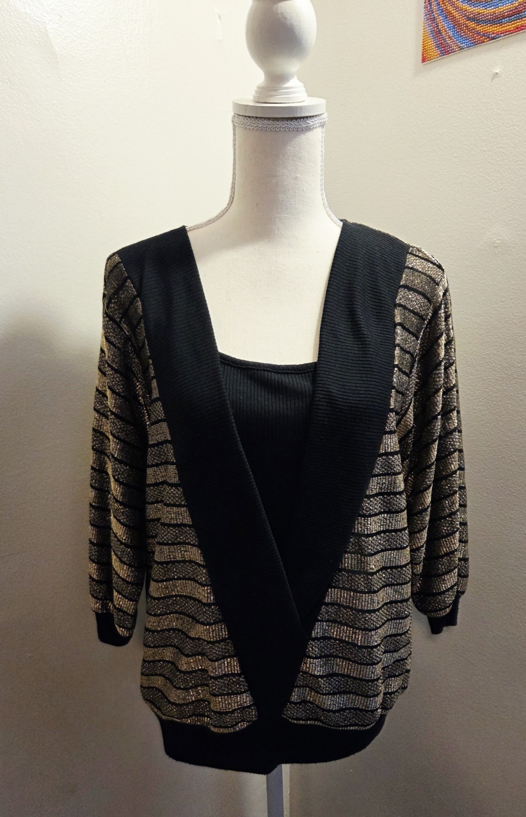 Vintage L A Reaction 80s Metallic Gold & Black Deep V-Neck Short Sleeve Sweater